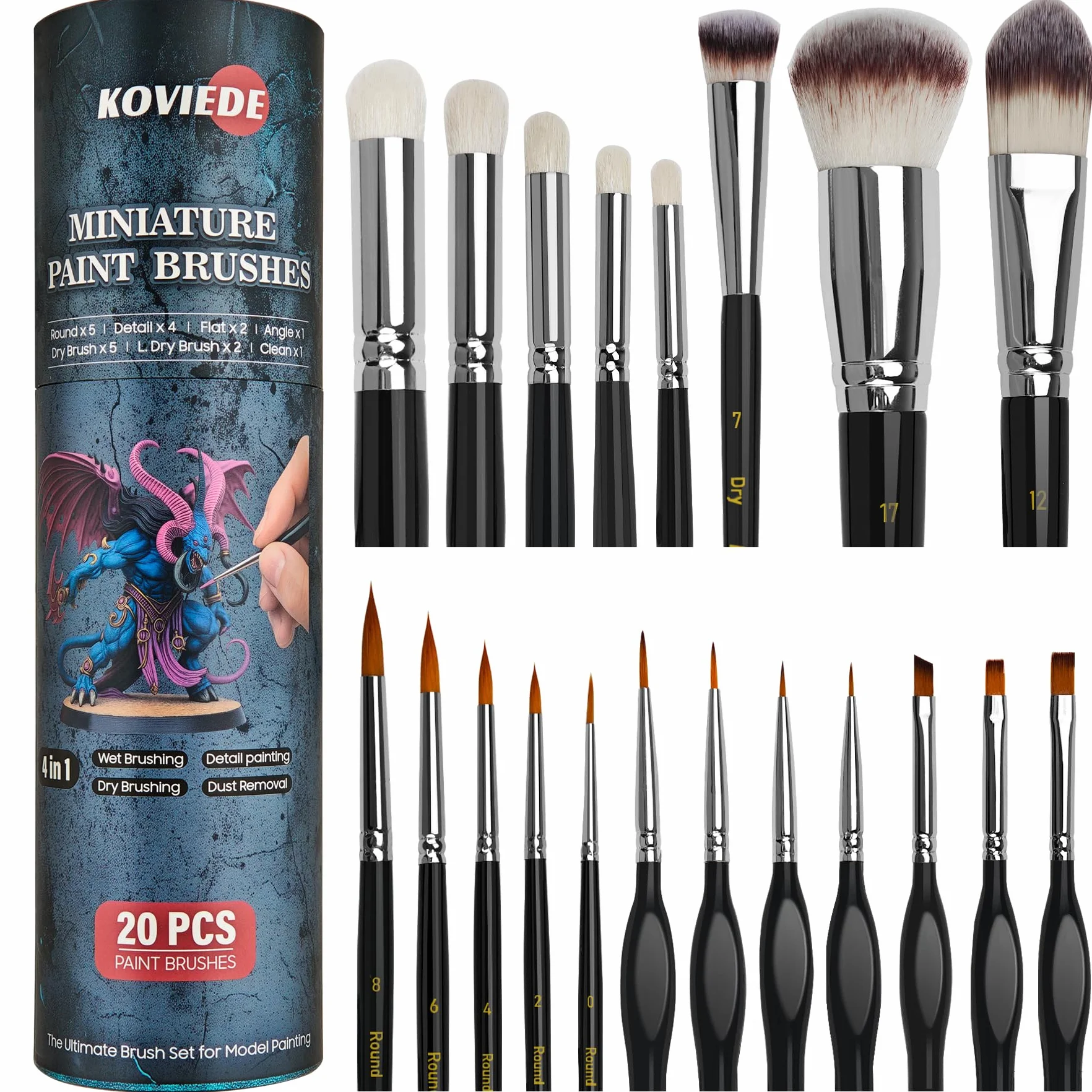 Pinceles de pintura en miniatura, juego de 20 pinceles de pintura con contenedor para pincel seco, acrílico, pintura de detalles finos, pintura en miniatura y pintura por números