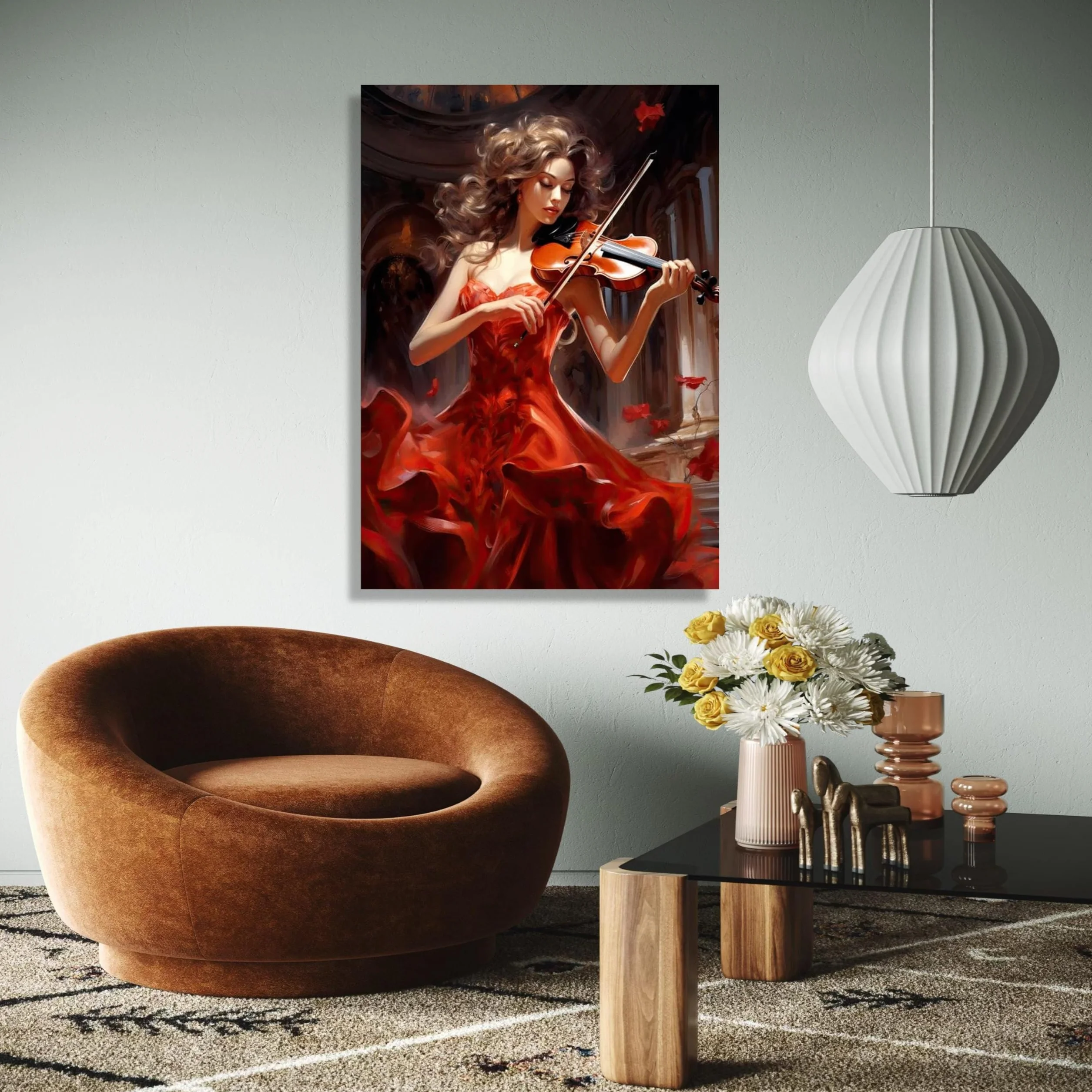 XBTYKPB Lienzo de violinista con vestido rojo fluido, arte mural de instrumentos musicales, decoración de música clásica, decoración romántica del hogar, pintura (50 x 75 cm/marco interior)