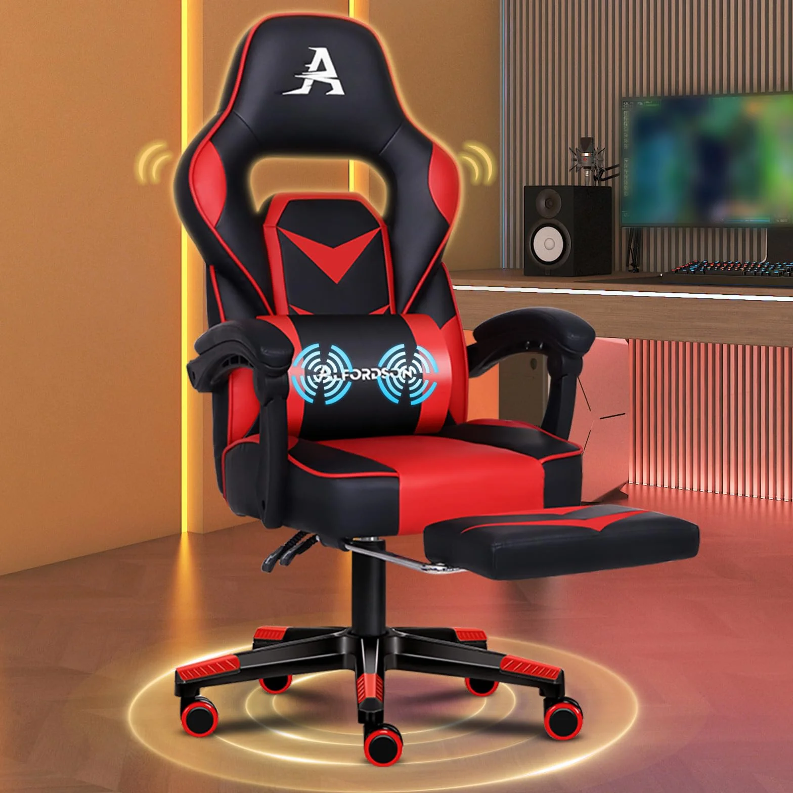 ALFORDSON Silla Gaming con Masajeador Silla Gamer de Juegos Silla de Carreras Silla de Oficina ejecutiva Deportiva Gordon con reposapiés Reposabrazos de Cuero PU Reposacabezas, Gorden, Rojo