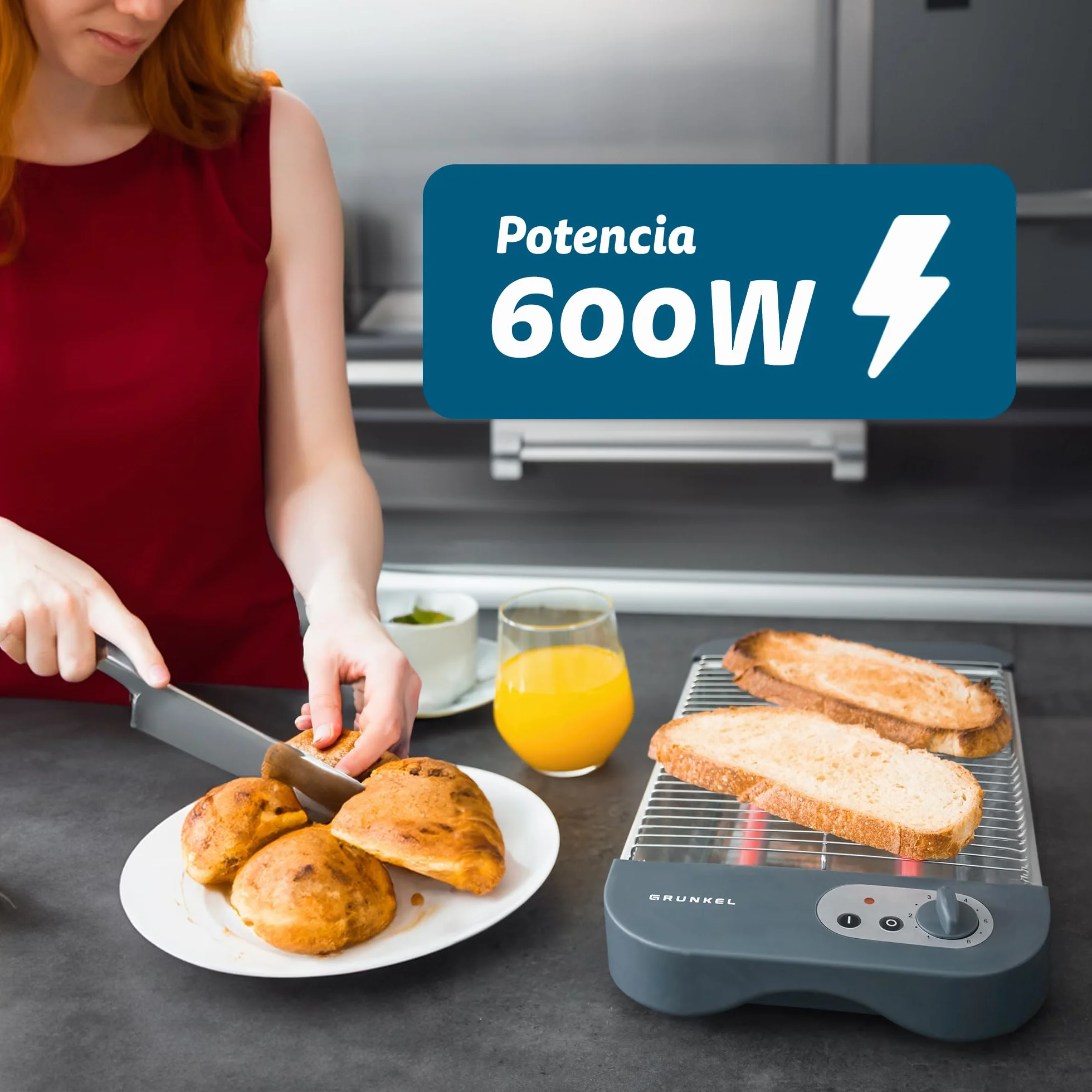 Grunkel Tostadora de pan plana 4 rebanadas 600W 6 niveles temporizador señal acústica bandeja recogemigas extraíble