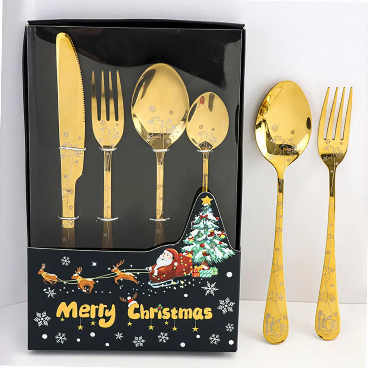 TOPBATHY 4 Juegos Juego de Cubiertos de Navidad vajilla de Comida para Banquetes Cubiertos de Filete de Banquete cuberteria cucharas navideñas Juego de Cubiertos Acero Inoxidable