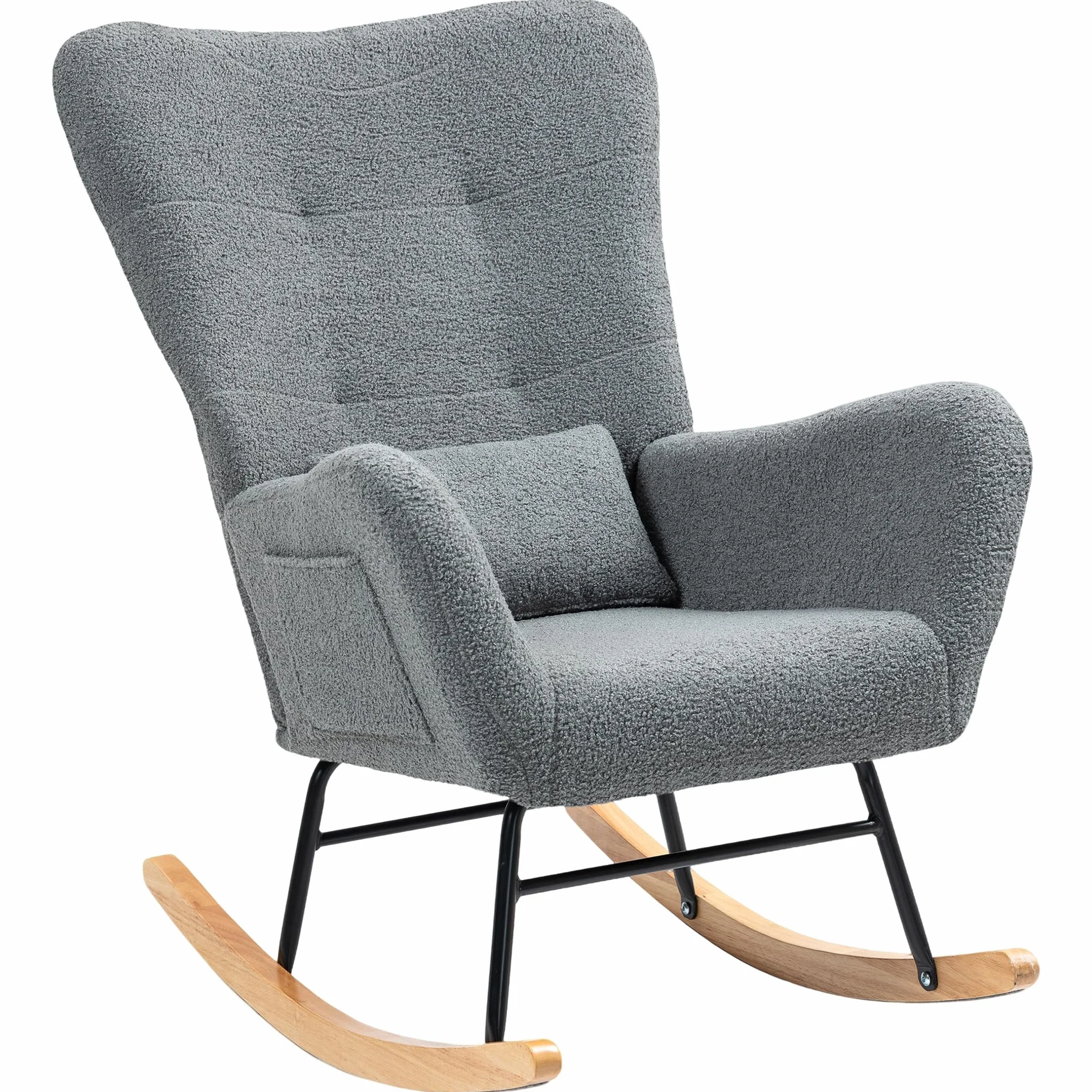 HOMCOM Silla Mecedora Moderna, Mecedora Tapizada en Terciopelo de Teddy, Sillón de Lactancia con Respaldo Acolchado Alto, Almohada, Patas de Madera, Bolsillo Lateral, para Dormitorio, Salón, Gris