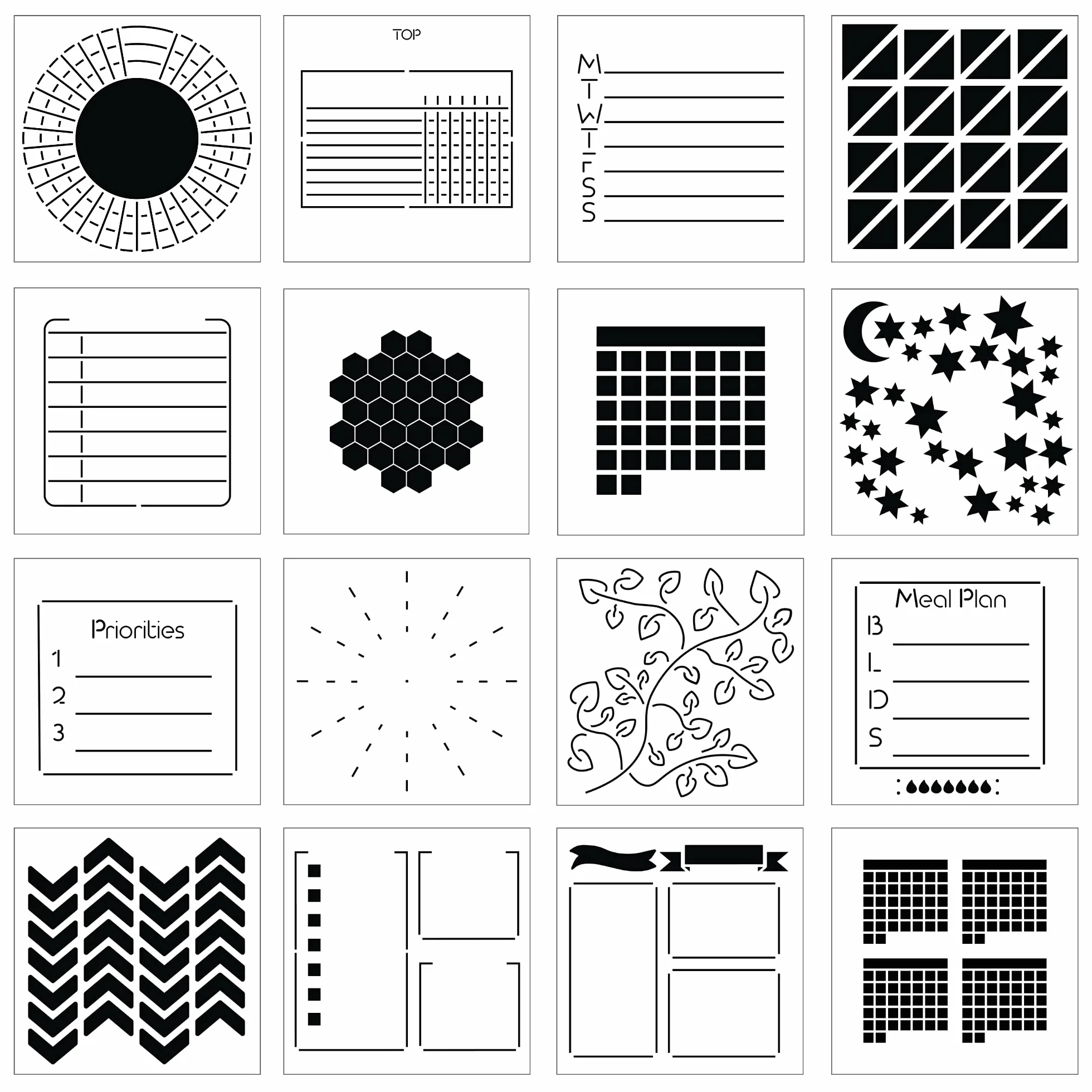 Plantillas portátiles para planificador, 16 plantillas cuadradas pequeñas con plantillas para rastreadores de hábitos, calendarios, listas de verificación, planes de comidas, kit de suministros de