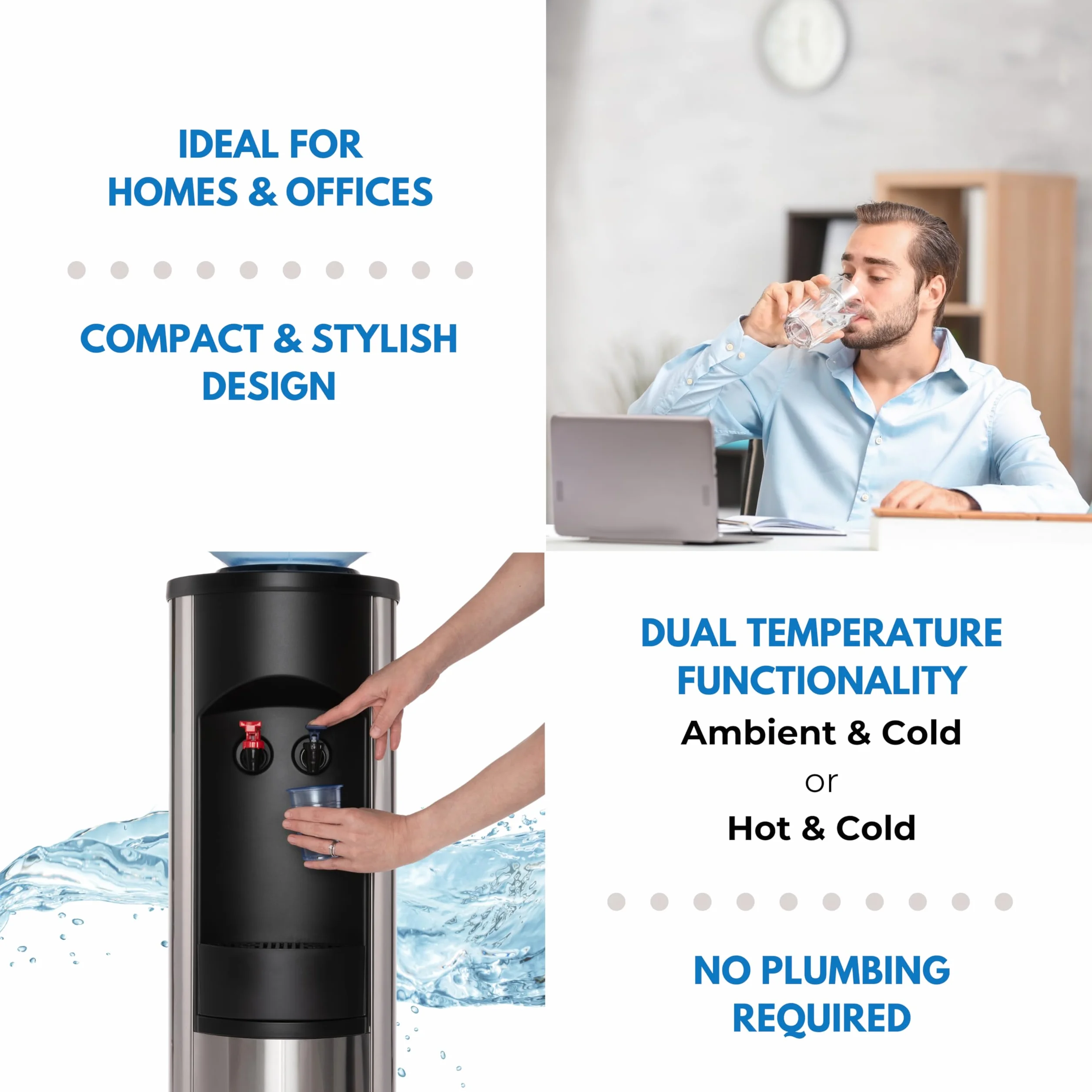 Dispensador de agua de acero inoxidable | Enfriador de agua a temperatura ambiente y fría | Elegante máquina de agua potable | Sistema de refrigeración de agua de pie | Ideal
