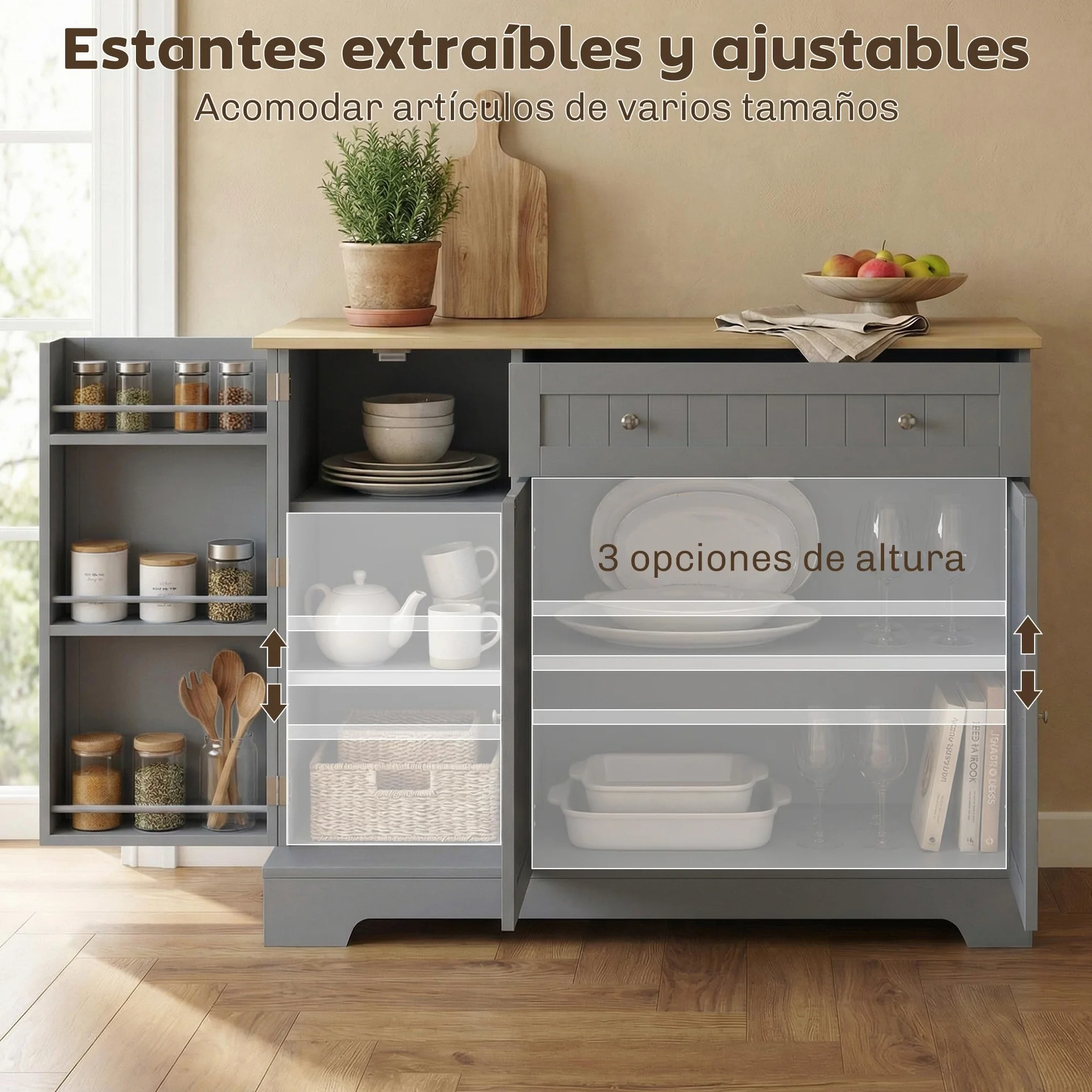 HOMCOM Aparador de Cocina, Armario de Cocina con 3 Estantes de Puerta, 1 Cajón, Estantes Ajustables, Aparador para Comedor, 105x40x83 cm, Gris