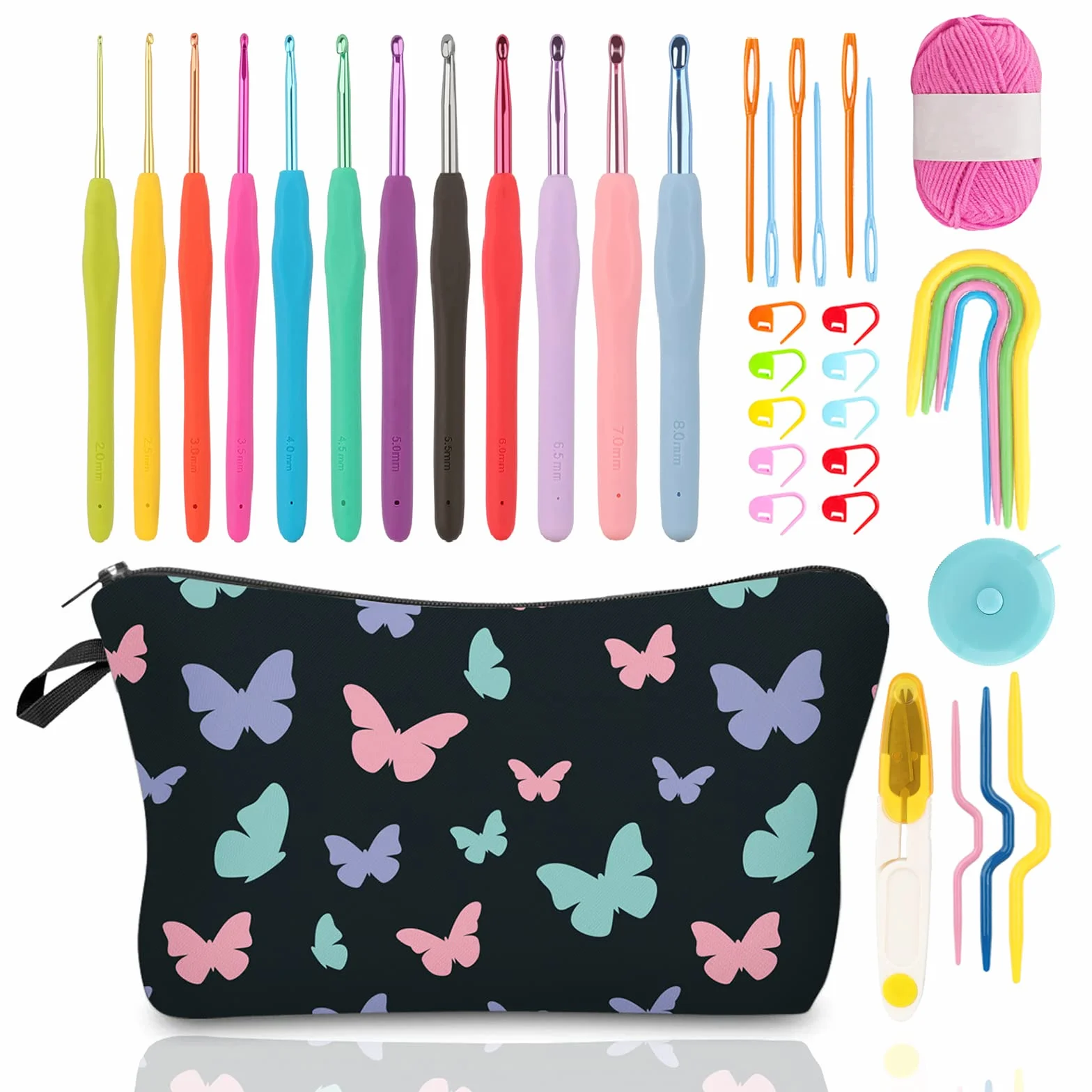 QLRFFLJOY Juego de 39 agujas de ganchillo con estuche, herramienta de tejido de hilo de bricolaje, kit de iniciación de ganchillo para principiantes, incluye agujas de ganchillo coloridas, una bola de