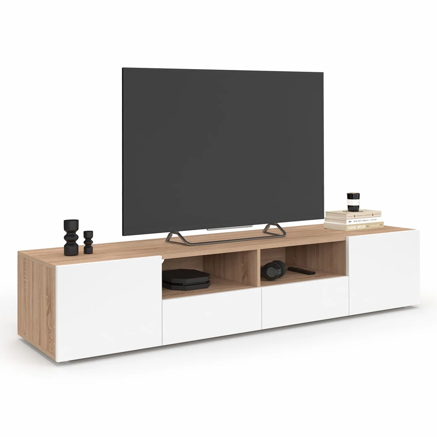 IDMarket - Mueble de TV 180 cm ELI Madera imitación de haya Puertas Blancas