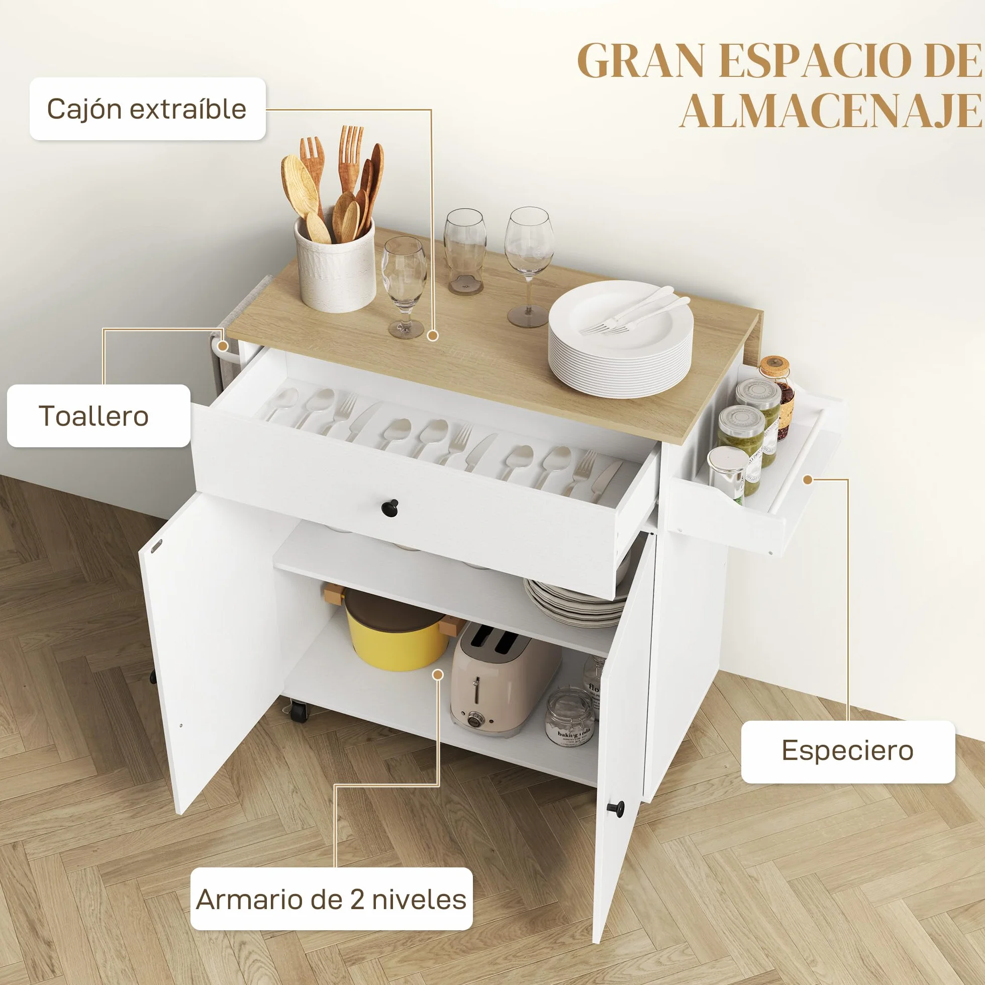 HOMCOM Isla de Cocina con ala Abatible Carrito de Cocina Mueble Auxiliar de Cocina con Ruedas 2 Puertas Cajón Especiero Toallero y Estante Ajustable 106x42x87 cm Blanco y Roble