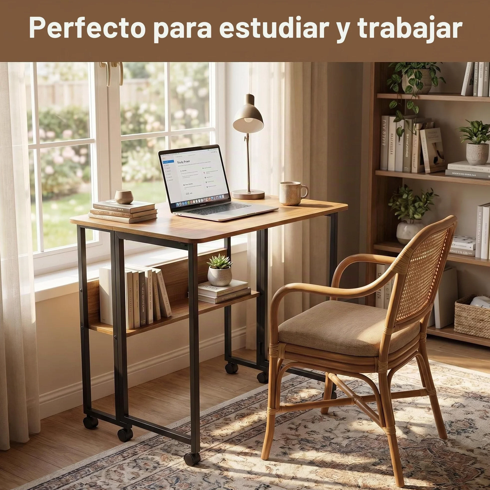 Fiutazge Mesa Escritorio Plegable con Ruedas y Almacenamiento, Mesa Plegable de Pequeño Espacio para Estudio, Casa Oficina, Computadora Manualidades,Marrón y Negro