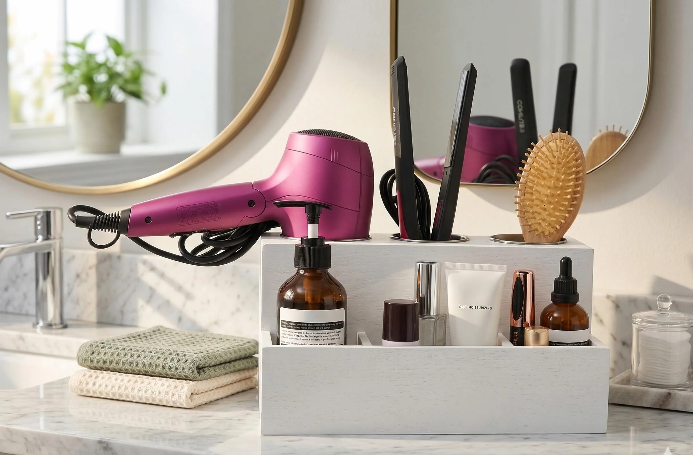 Organizador de herramientas para el pelo, y estilo del pelo, la planchita alisadora,el rizador el organizador de brochas, Montaje en pared o siéntese en el mostrador para Tocador, Baño-Blanco