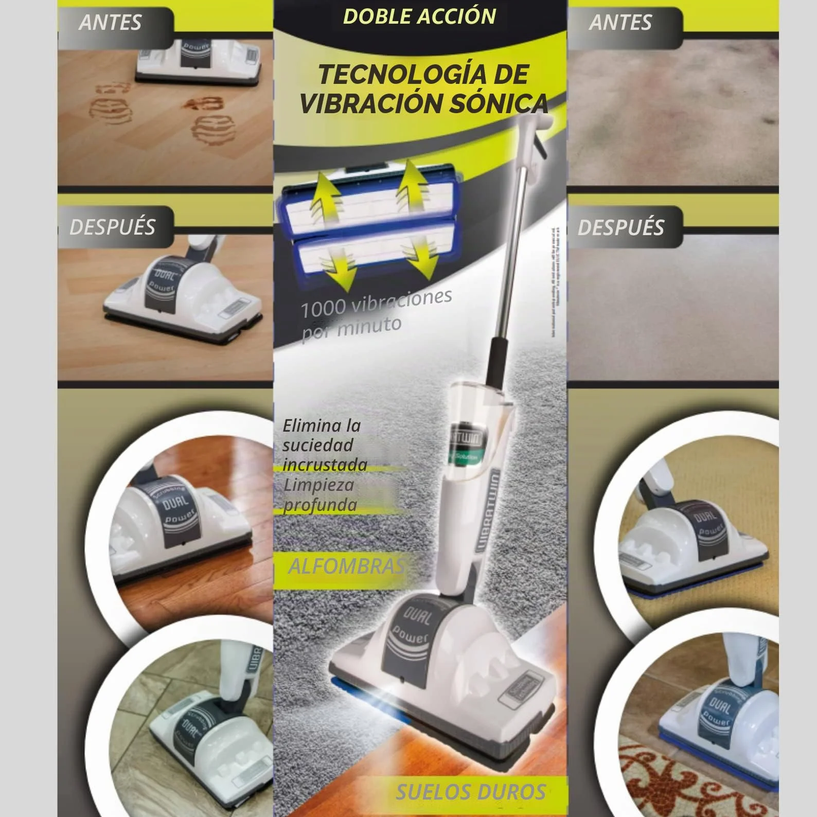 VIBRATWIN Dual Action Limpiadora de Suelos Eléctrica de Doble acción Friega, Frota, Limpia y Rejuvenece todas las Superficies de Madera, Piedra, Moqueta, Mármol (VIBRATWIN)