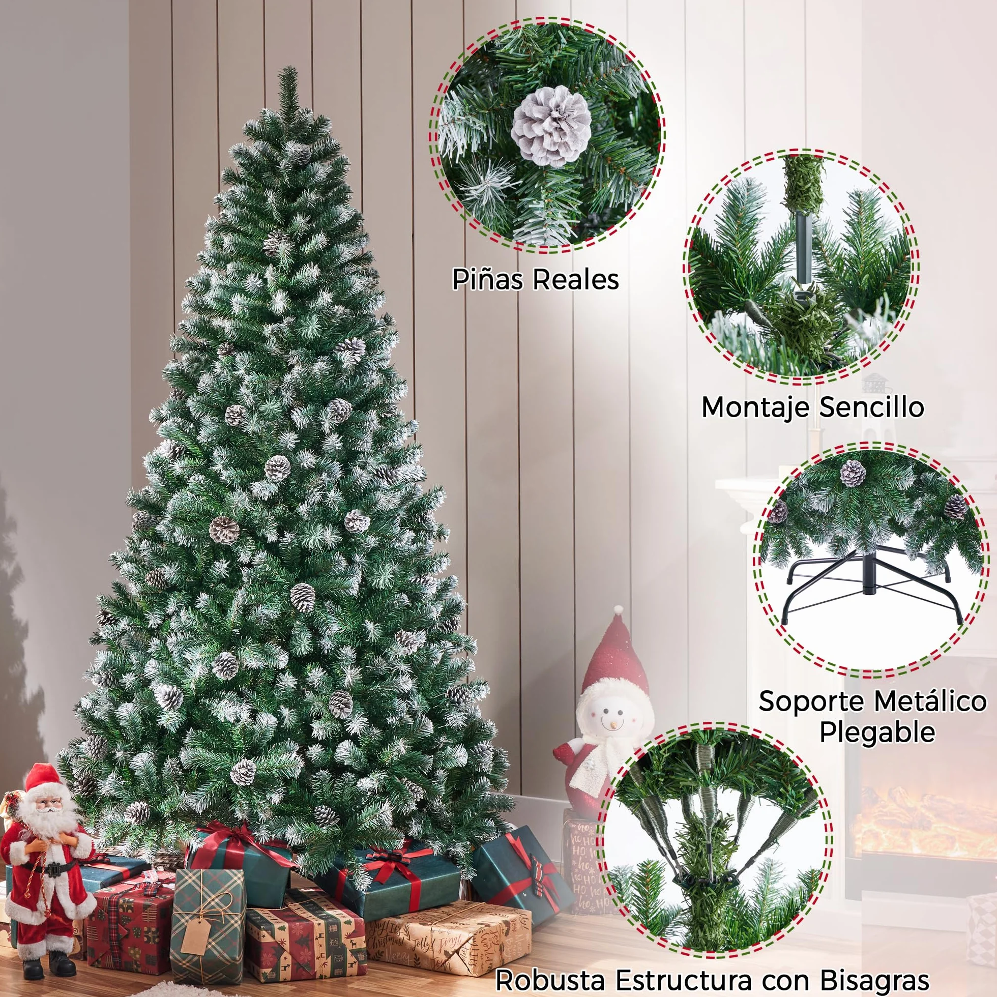 Yaheetech 183cm Árbol de Navidad Nevado Artificial 920 Puntas con 64 Frutas de pinos Soporte Metálico Plegable para Decoración Casa Oficina Fiestas Festivas