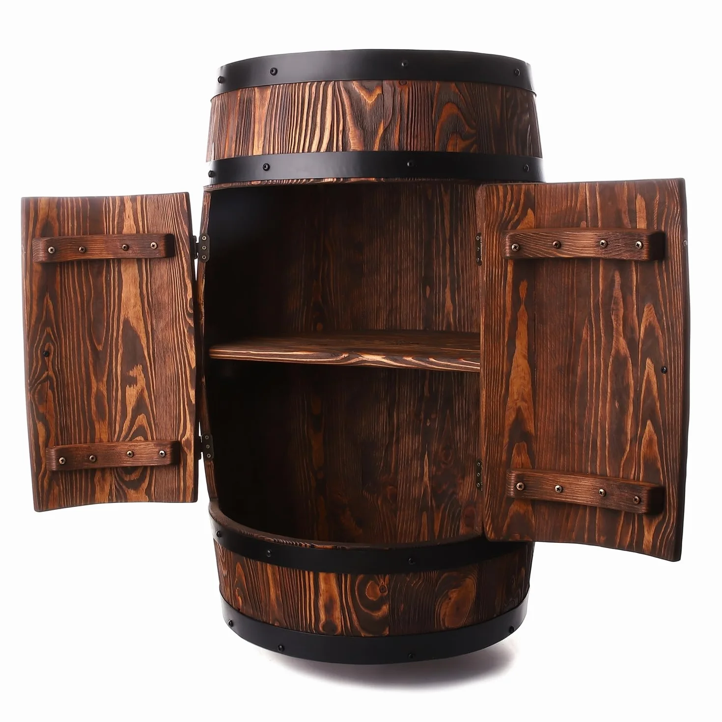 Barril de Madera con Puertas - Mueble Bar en Pino Cepillado para Vino, Whisky, Cerveza - Almacenamiento Duradero y Práctico - Armario, Barra de Alcohol - Artesanal - Marrón