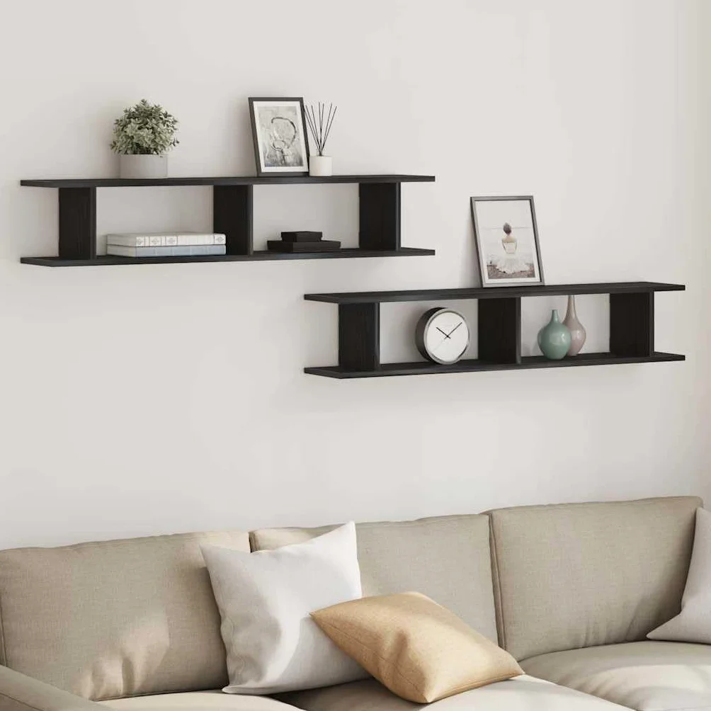Homgoday Estante Pared 2uds Madera ingeniería Roble Negro 105x18x20cm Estantería de Pared Colgante Flotante Almacenamiento Espacio Decoración Artículos Diarios en Familia