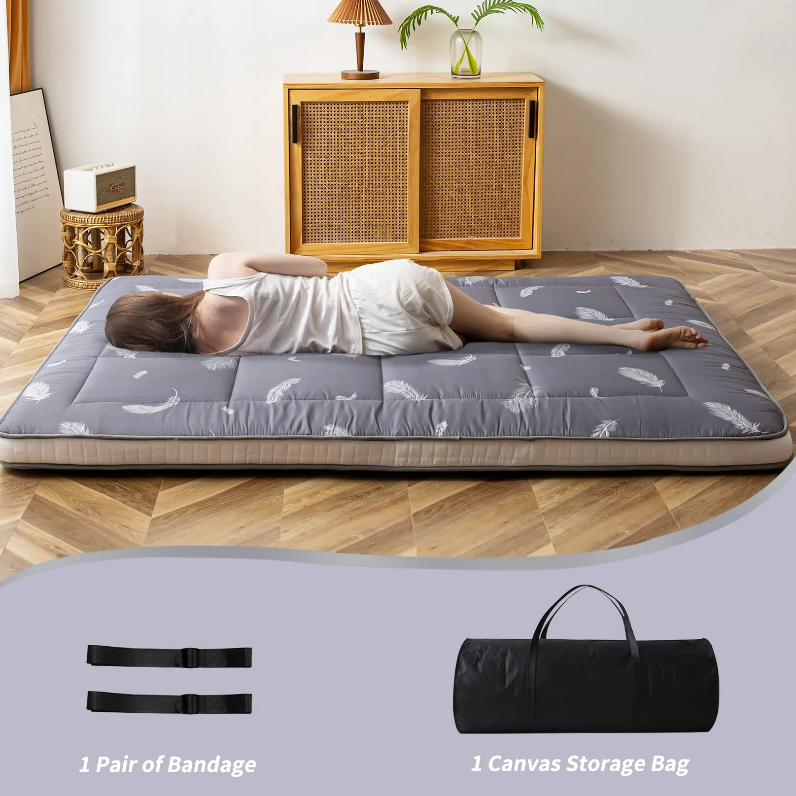 MAXYOYO Colchón de futón, colchón japonés acolchado, cubrecolchón de cama, extra grueso, plegable, transpirable, tumbona de suelo, cama de invitados para sofá de campamento (pluma, King)