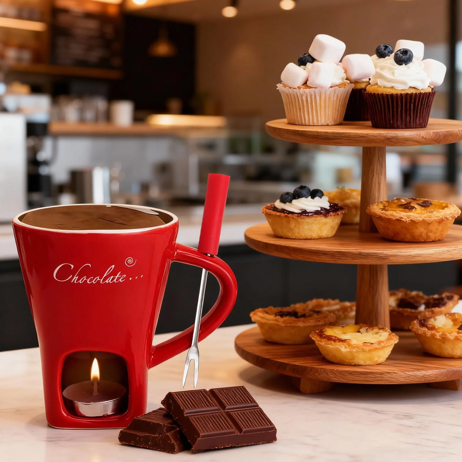 Taza de cerámica para fondue de chocolate 130 ml con portavelas y tenedores