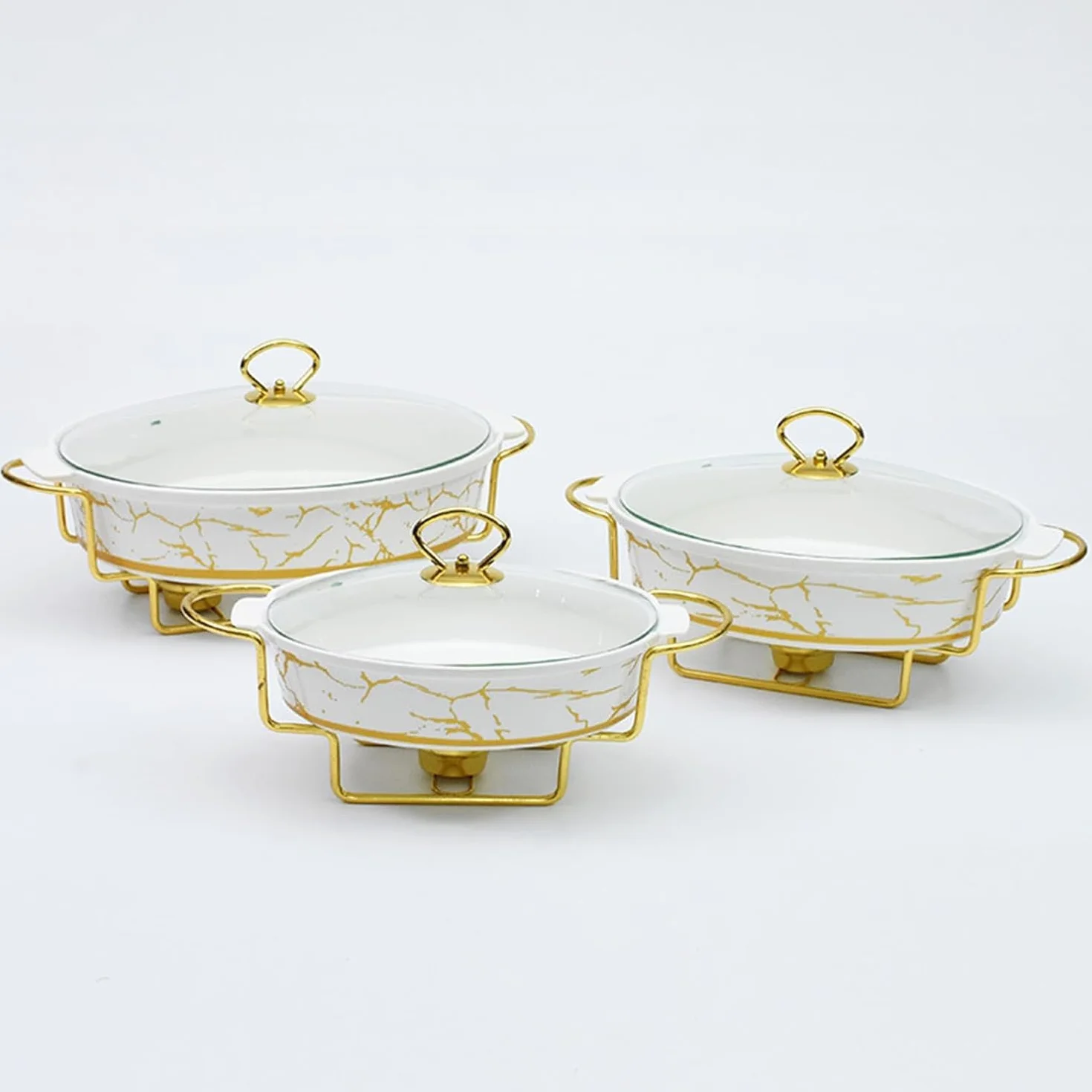 Elegante Juego De Calentadores De Cerámica, con Acabado De Mármol, Tapas De Vidrio Y Detalles Dorados, Vajilla Duradera para Fiestas Y Eventos Gastronómicos. 2L