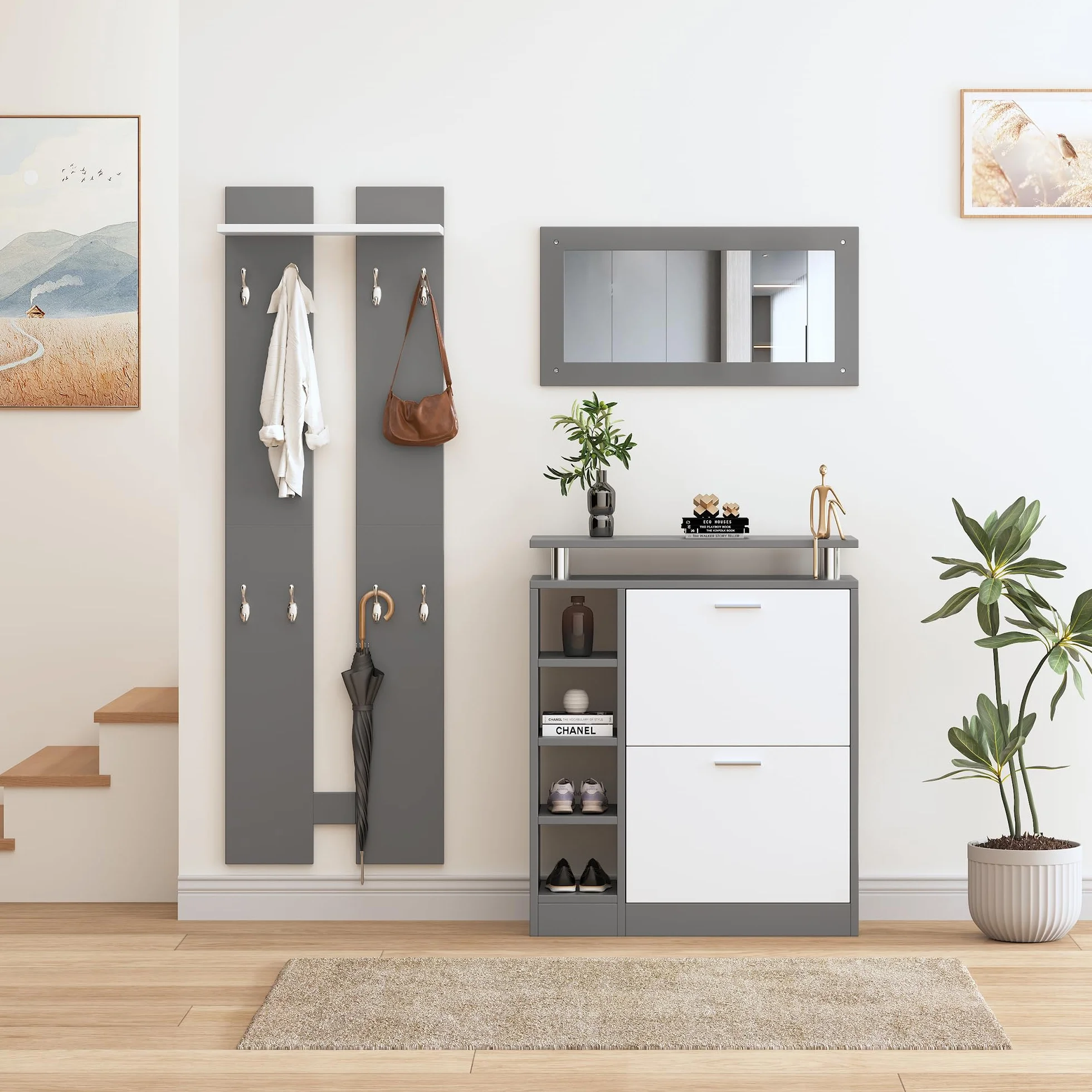 KAZZIO Juego de perchero de pared, 80 x 25 x 96,5 cm, con espejo, 2 paneles de pared, una estantería y un zapatero, muebles de pasillo, perchero de pasillo, juego de zapateros (gris)
