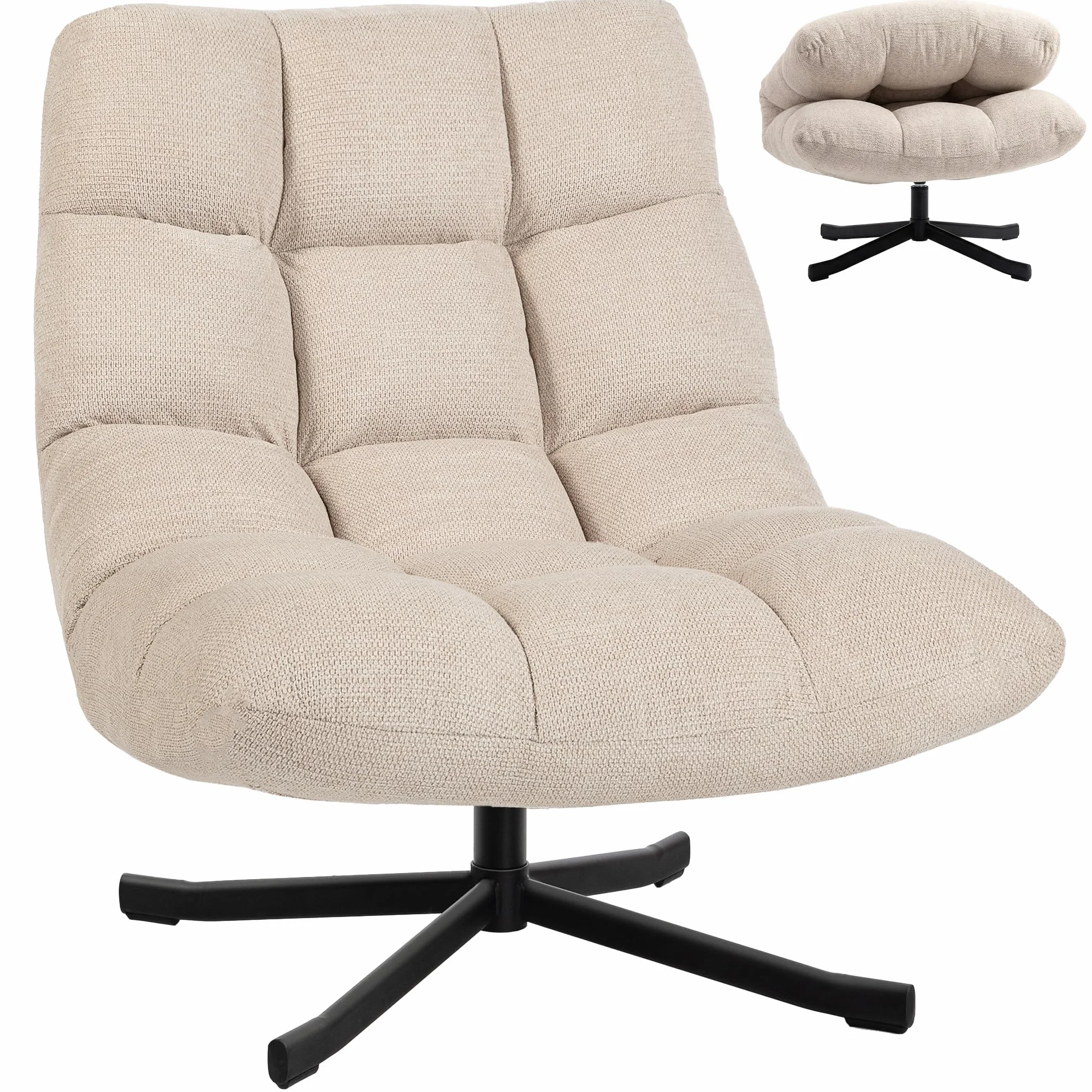HOMCOM Sillón Giratorio Moderno, Butaca de Salón con Respaldo Plegable, Base de Cruz, Tapizado en Chenilla Impermeable, Asiento Extra Ancho y Patas de Acero, para Sala de Estar, Dormitorio, Crema