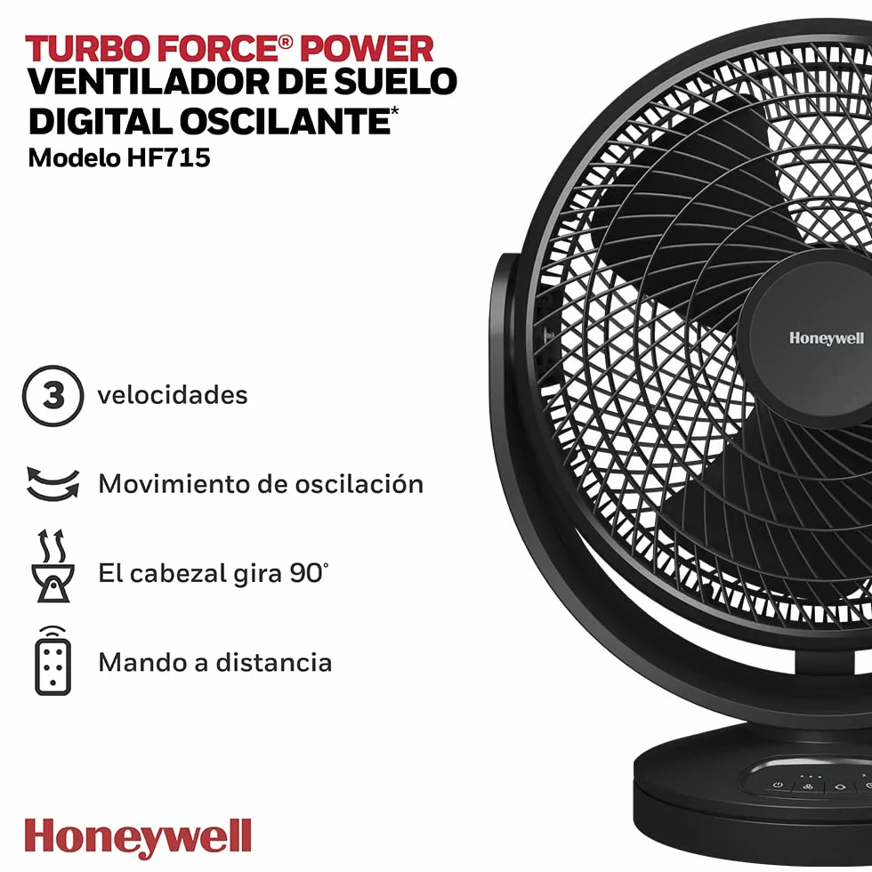 HONEYWELL HF715BE4 - Ventilador digital oscilante Turbo Force de (personal; pequeño; para el hogar o la oficina; con mando a distancia; comandos electrónicos con LED; 3 velocidades; giro de 90 grados)