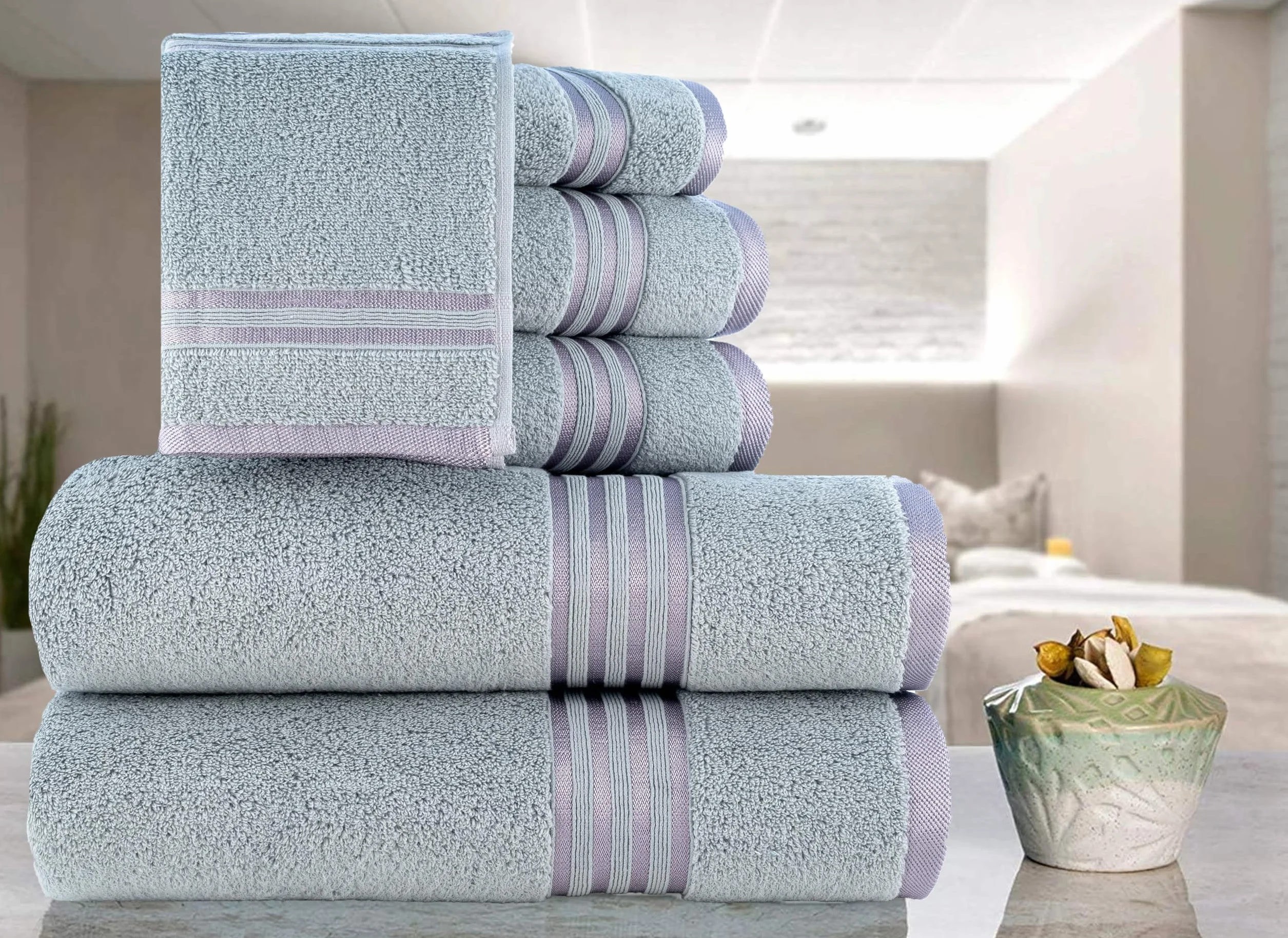 Casa Copenhagen Juego de Regalo de 6 Toallas de baño, 600 gsm, Gris Violeta | zero twist Juego de toallas 100% algodón egipcio: 2 baño, 2 mano y 2 paños, regalo para mujeres y hombres.