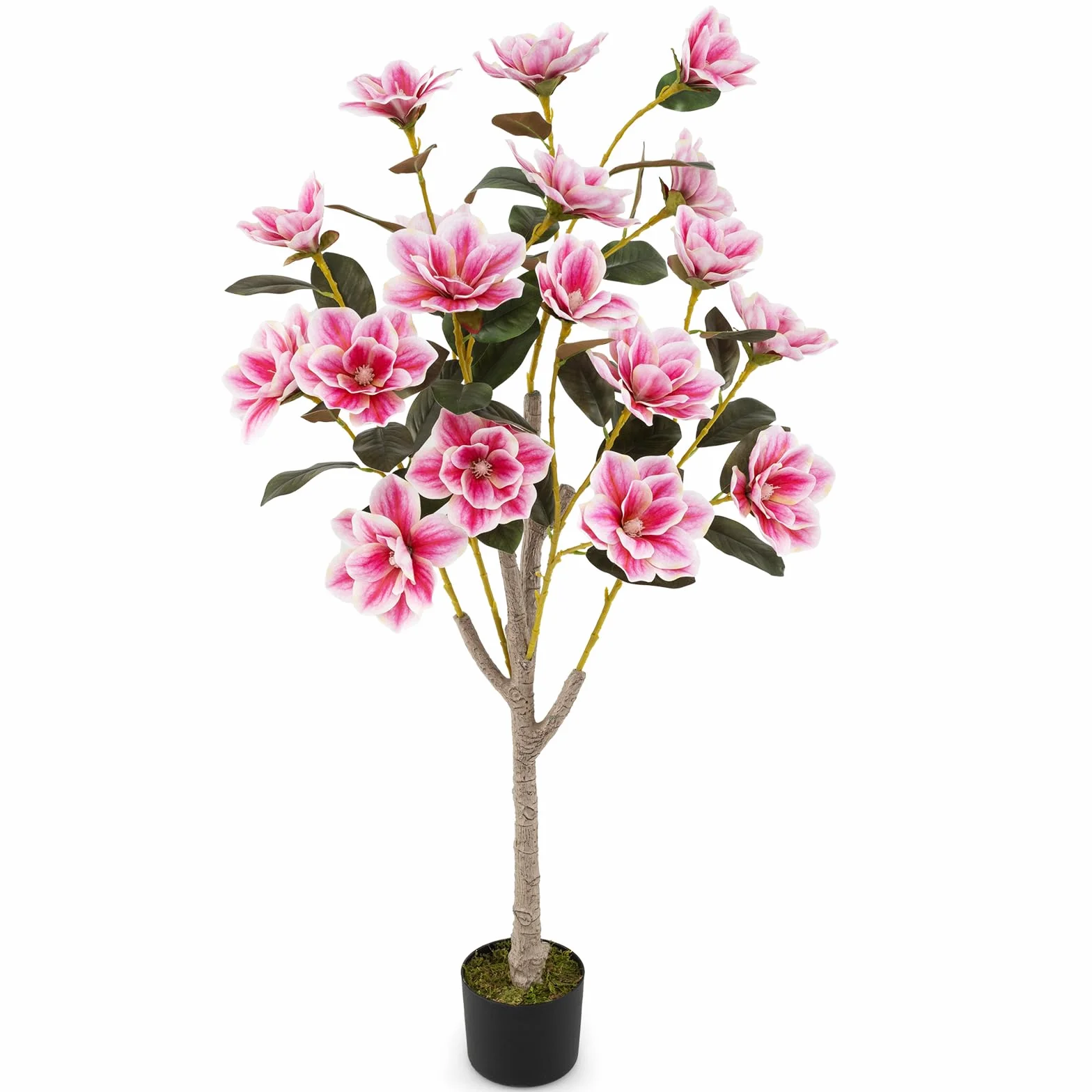 GIANTEX Árbol de Magnolia Artificial 130 cm, Planta Falsa en Maceta con Troncos de Múltiples Ramas y Hojas de PEVA, Flores Sintéticos Rosas, Planta Decorativa para Entrada, Salón, Oficina