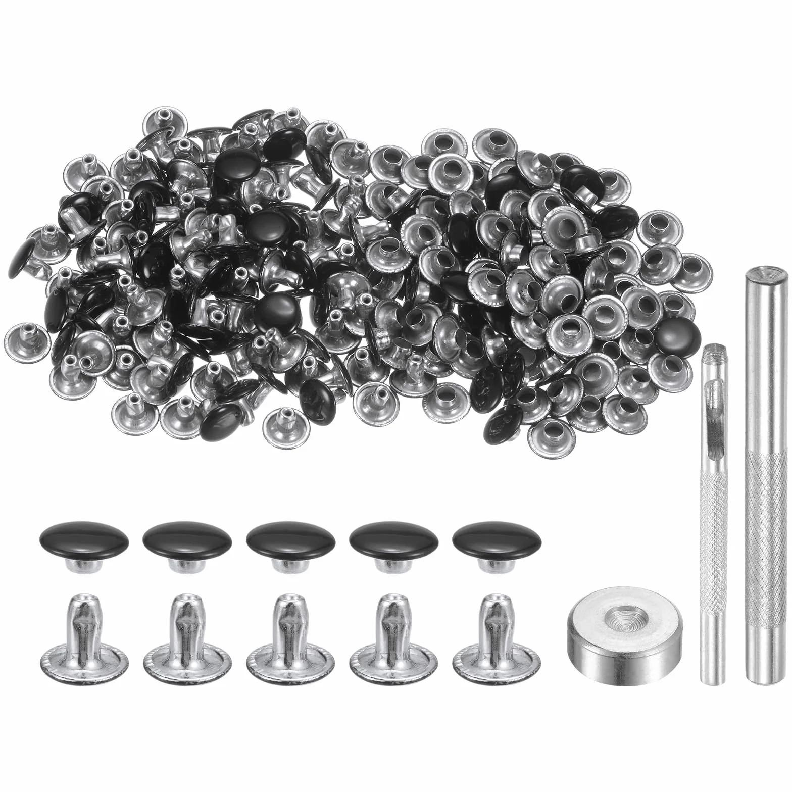 HARFINGTON Juego de 100 remaches de cuero de 8 mm x 6 mm, de metal de doble tapa, con 3 herramientas de ajuste, remaches para manualidades, reparación de cuero, decoración, color negro brillante