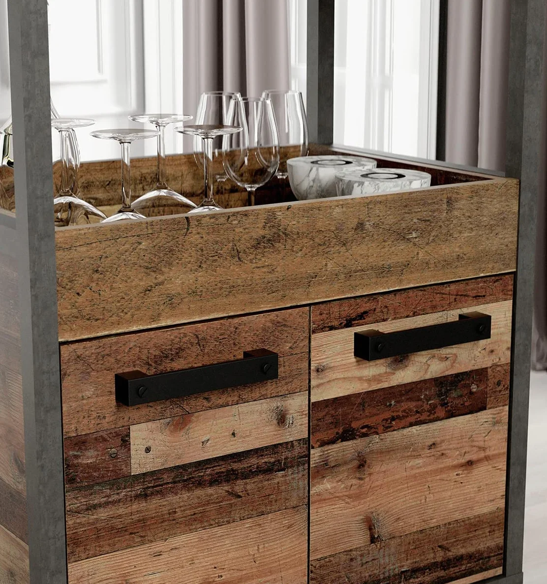 Benji - Mueble bar con 2 puertas y 2 bandejas de almacenamiento, patas sobre ruedas, madera antigua, hormigón oscuro