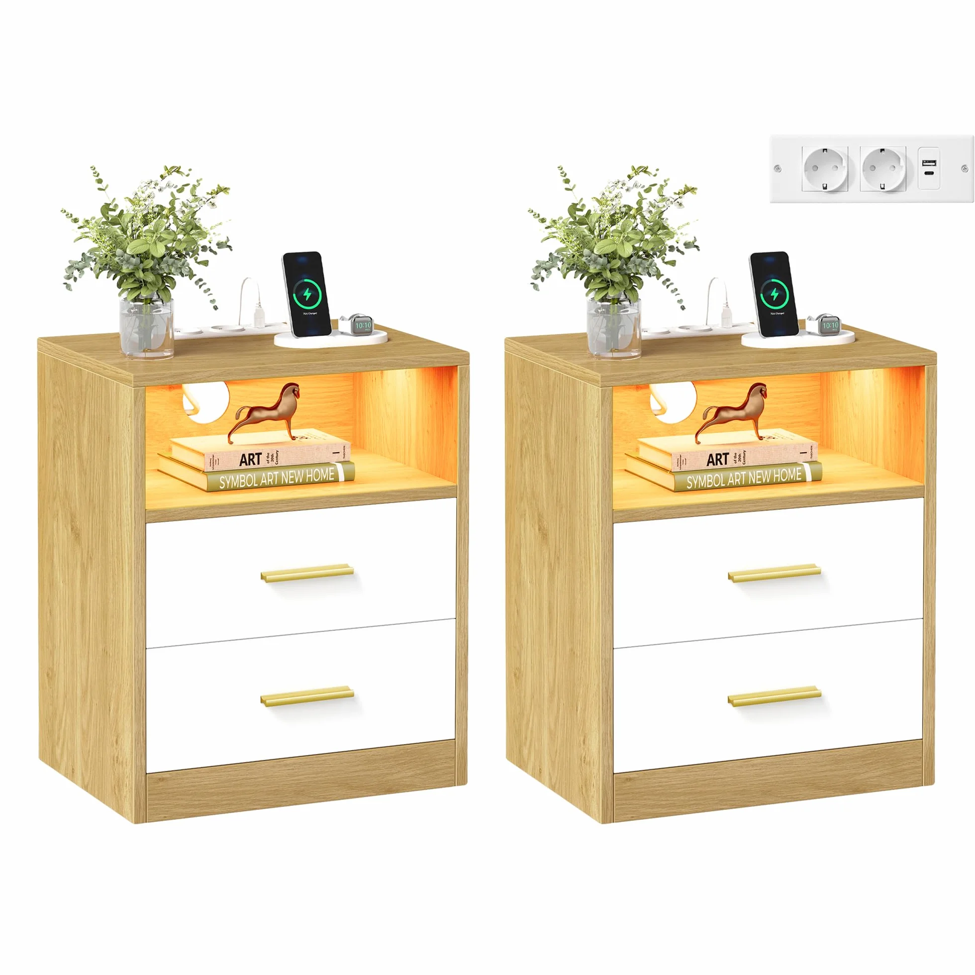 VASAGLE Custos Colección - Juego de 2, Mesita de Noche con Estación de Carga, Luz LED, Mesa Auxiliar con Cajones, Estante Abierto, 2 Tomas CA y Puertos USB, Roble Natural y Blanco Nube LET829YD02