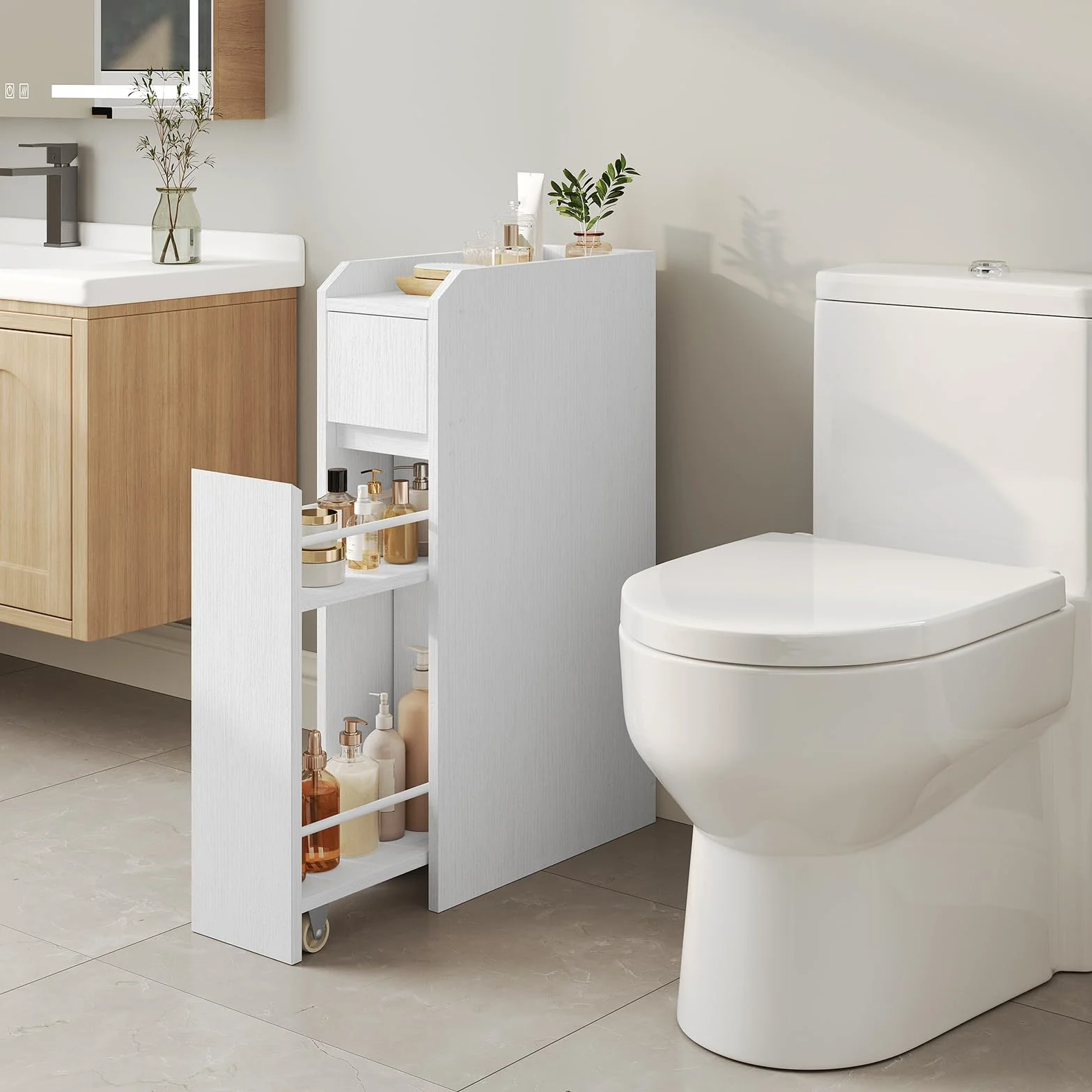 HOOBRO Armario para Baño Ultrafino, con 2 Cajones de Deslizamiento Suave y Dispositivo de Fijación, Mueble Estrecho de Almacenaje de Baño, para Lavadero, 18 x 40 x 70 cm, Blanco EWW11BC01
