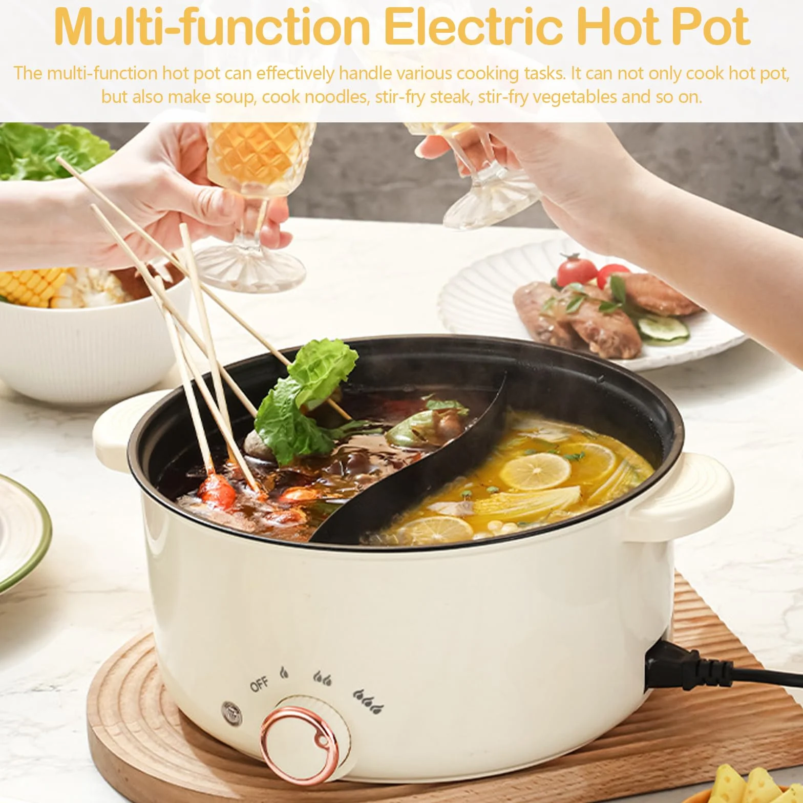 Crockpot Olla Eléctrica 4L 1000W Antiadherente 3 Ajustes Potencia Guisos Sopa Fideos Freír Filetes Saltear Verduras