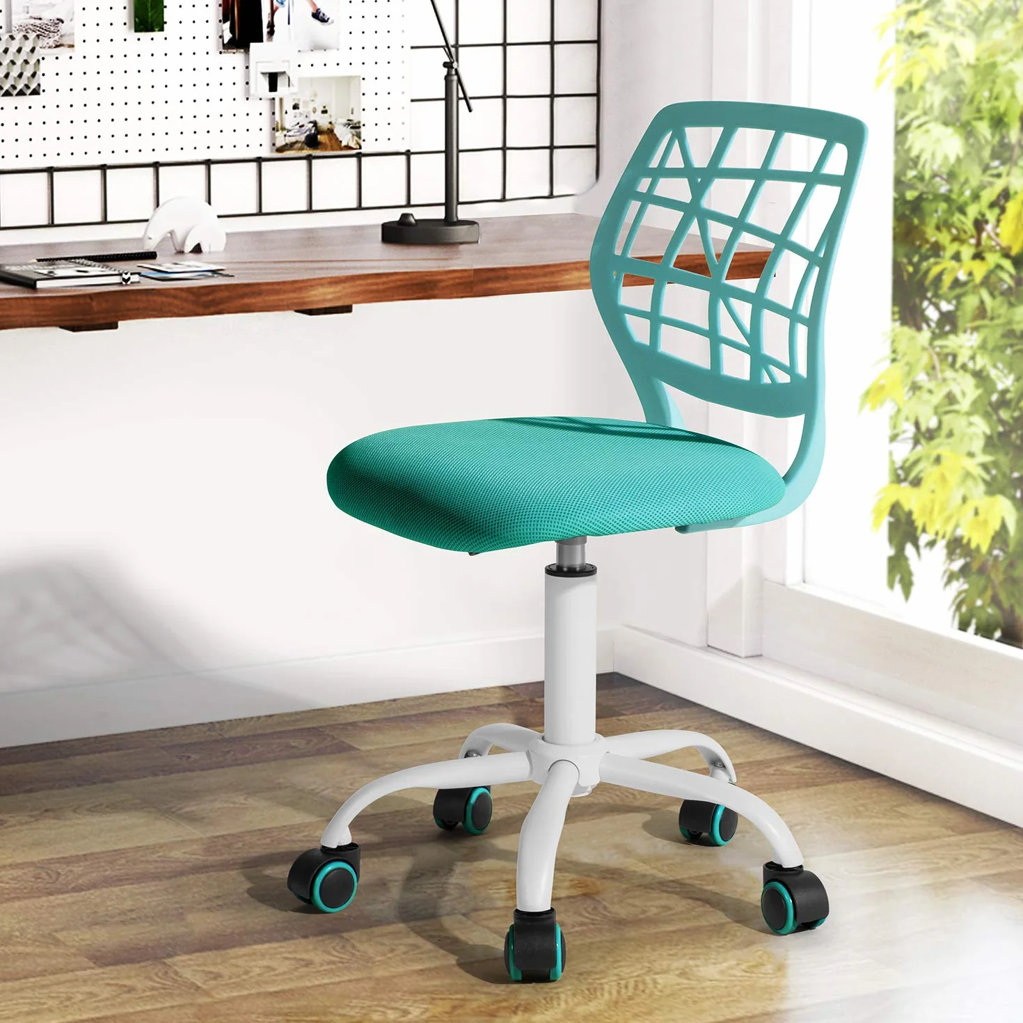 FurnitureR Color, Asiento de Ordenador Moderno y Ajustable, reposabrazos Giratorio, Silla de Oficina para jóvenes, Sala de Estudio, Turquesa, Metal, 38,5 cm x 40 cm x 75 – 87 cm