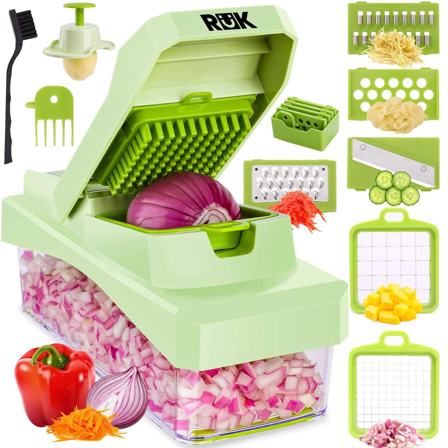 RüK Picador de verduras, cortador de queso, picador de alimentos, picador de verduras, picador de cebolla, picador de ensalada, cortador de mandolina y rallador de queso, picador de verduras con