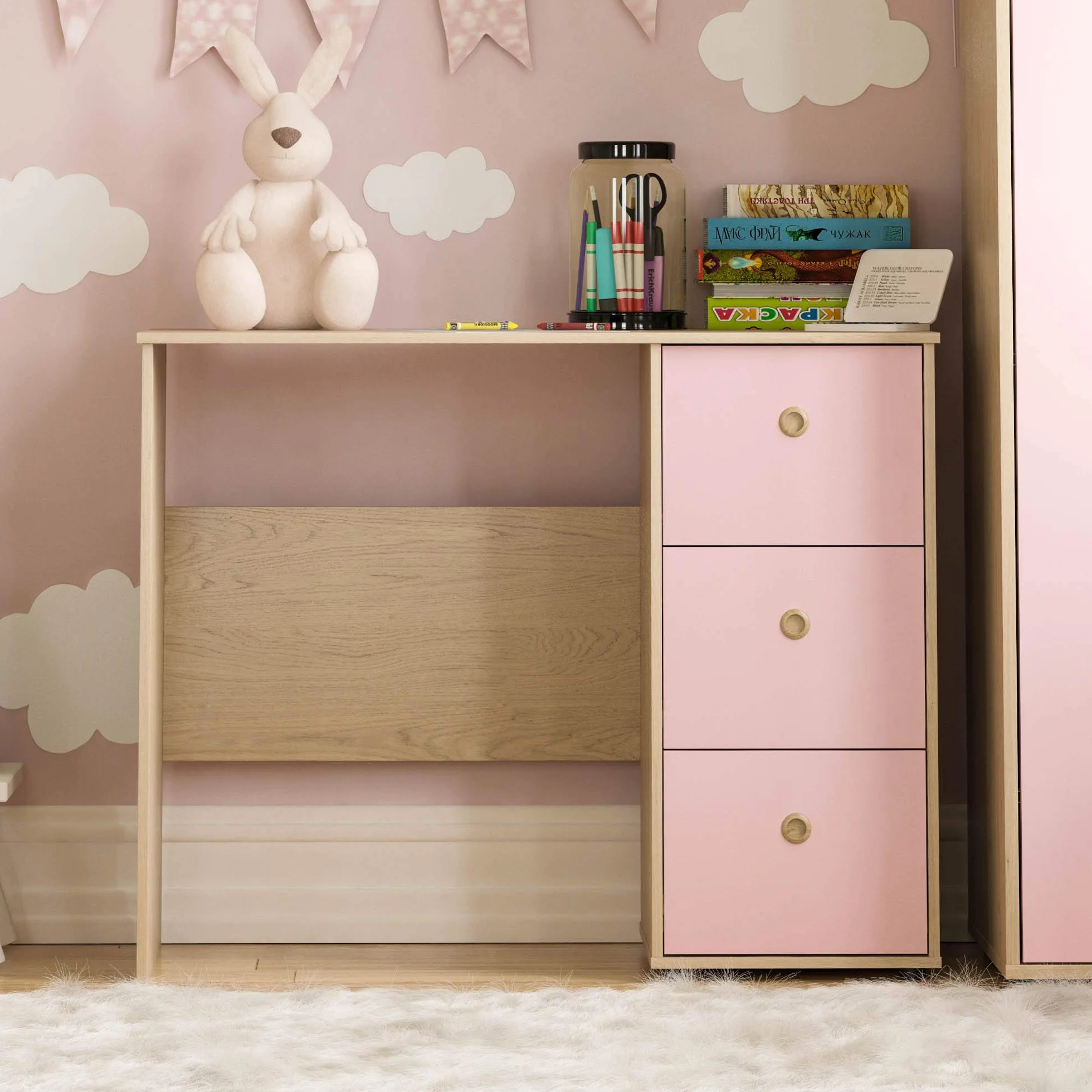 Junior Vida Neptune Escritorio 3 Cajones Ordenador Portátil Estación Trabajo Estudio Casa Muebles Niños Rosa Roble