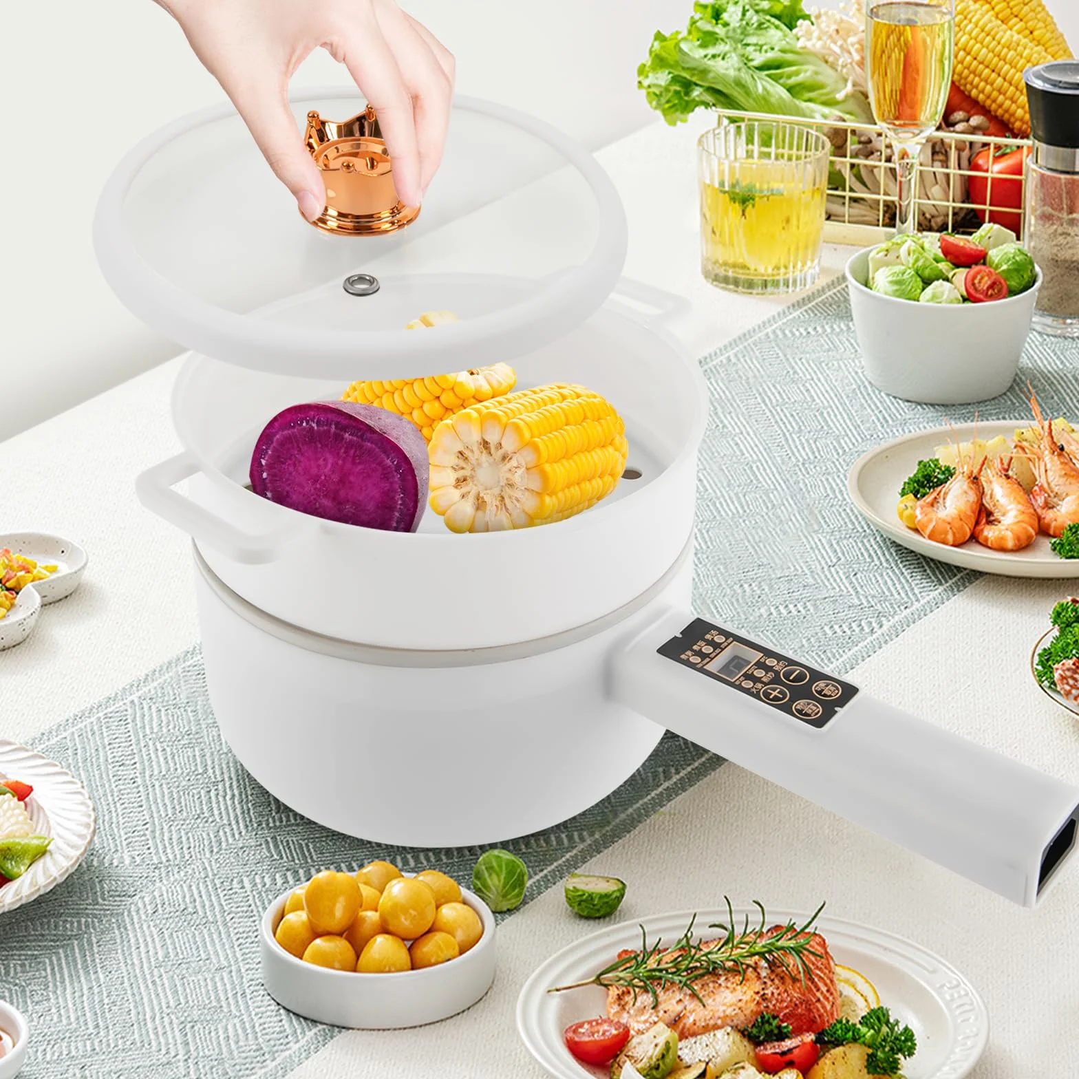Sartén eléctrica 220 V 1,6 L antiadherente multi-cocina con vaporizador y tapa