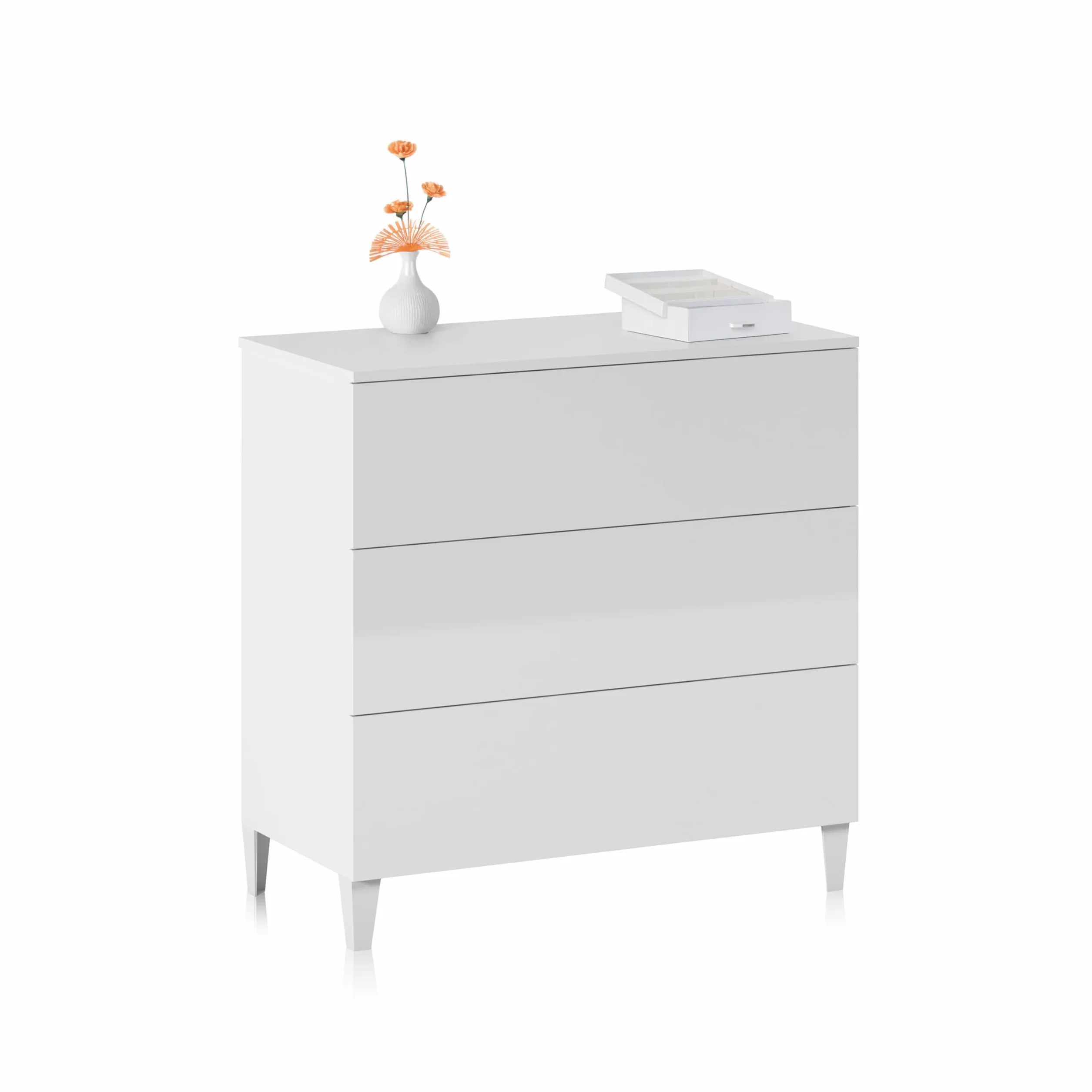 duehome | Comoda 3 Cajones, Dormitorio, Modelo Plex, Acabado en Color Blanco Brillo, Medidas: 80 cm (Ancho) x 76 cm (Alto) x 40 cm (Fondo)