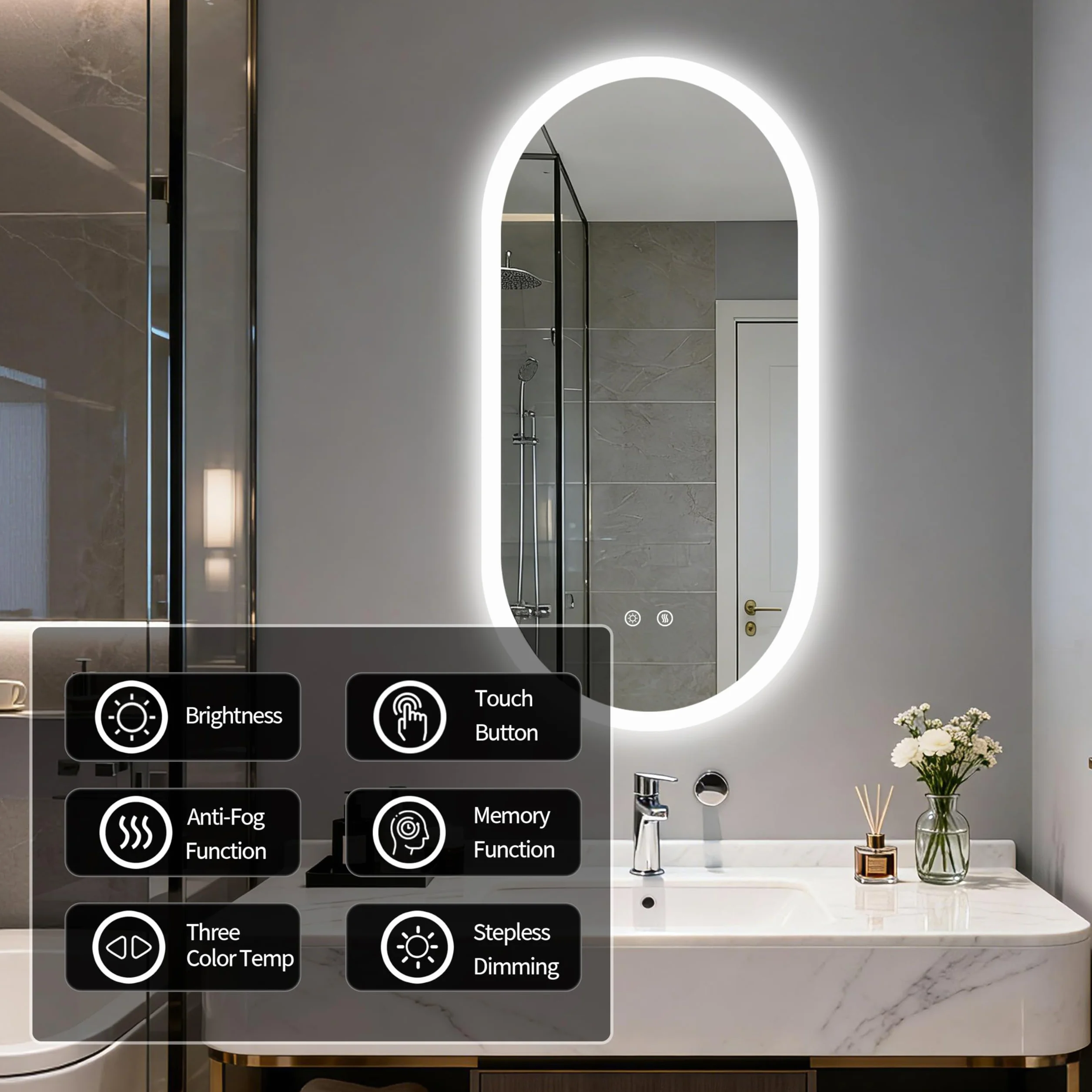 LUVODI Espejo Baño con Luz Led Ovalado 100 x 50 cm Espejos de Baño Antivaho con Luz Retroiluminado Regulable Espejo Moderno Inteligente con 2 Interruptor Tactil Función de Memoria y Impermeable IP66