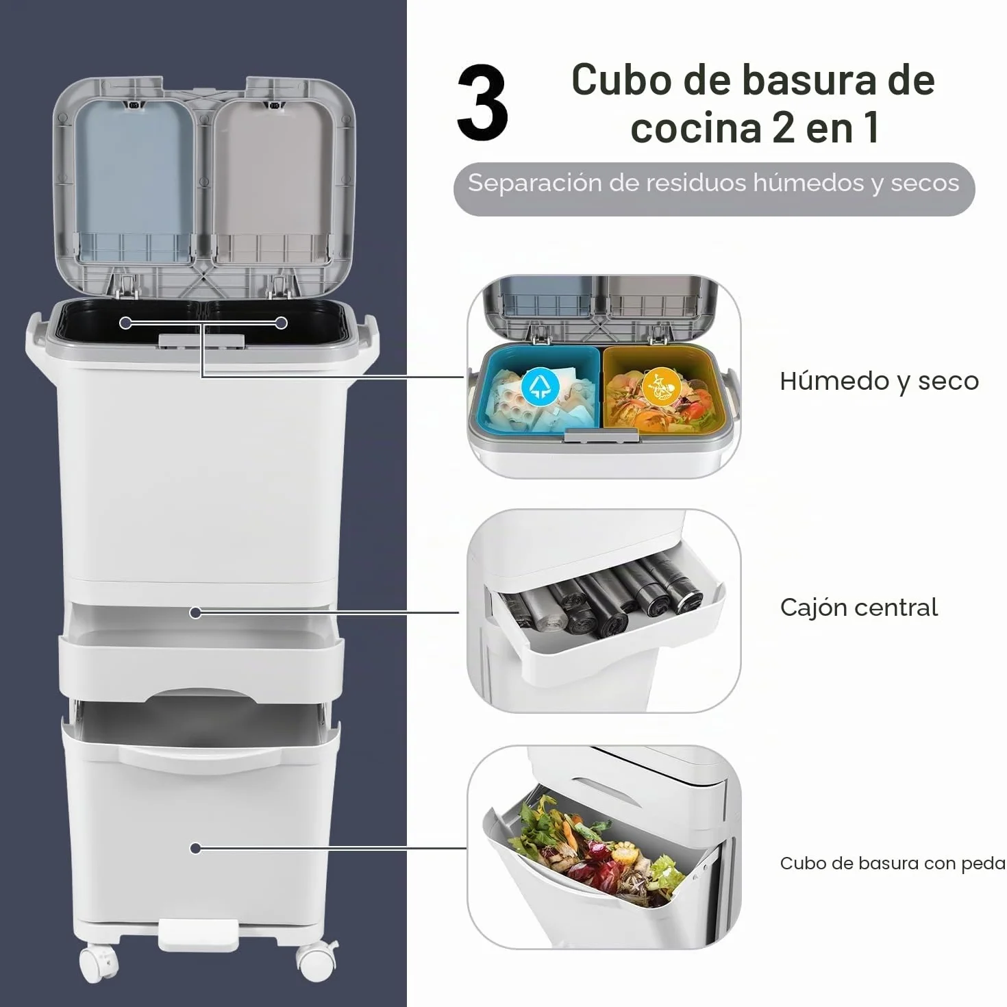 Fiqops Cubo de basura para cocina 42L con 3 compartimentos, separador de seco y húmedo, cubo de basura con pedal y ruedas para cocina, oficina y hogar, color blanco