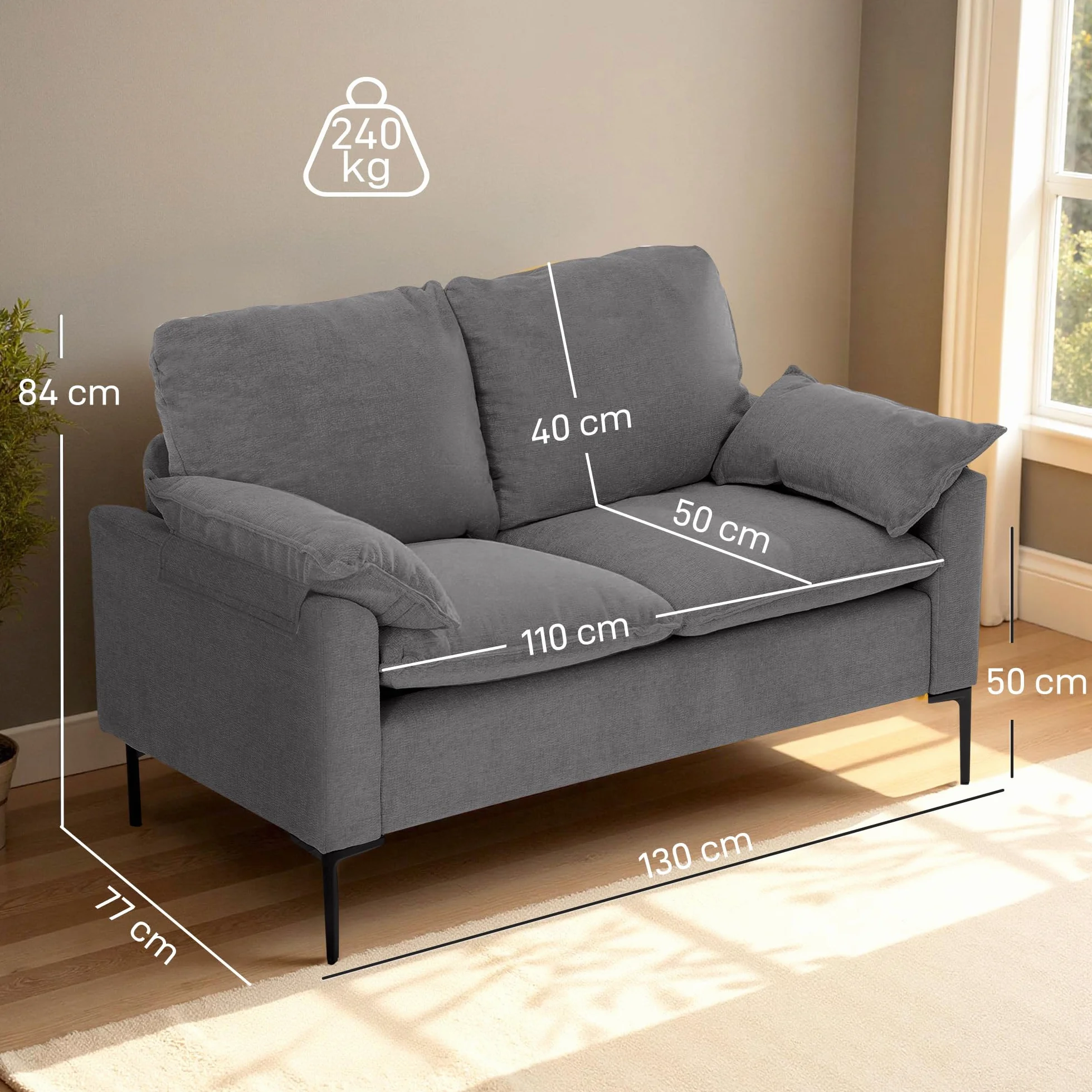 HOMCOM Sofá de 2 Plazas, Tapizado en Terciopelo, Sofá Moderno con Patas de Metal, Reposabrazos Acolchado, para Salón, Dormitorio, Oficina, Sala de Estar, 130x77x84 cm, Gris