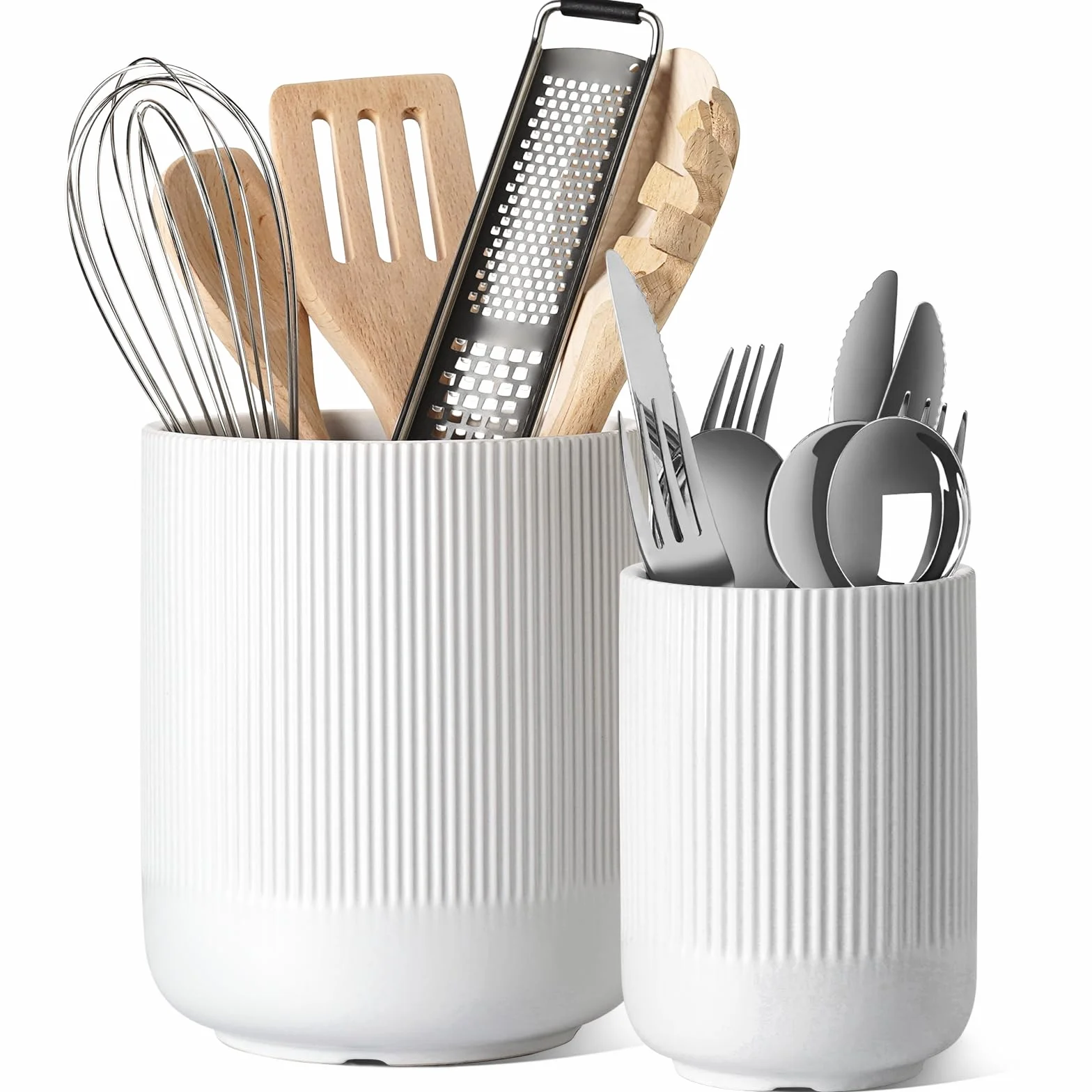 LE TAUCI Portautensilios, 18.5+14cm Cerámica Soporte para Utensilios de Cocina, Grande Botes para Encimera de Cocina, Moderno Organizador para Espátulas, Set de 2, Blanco