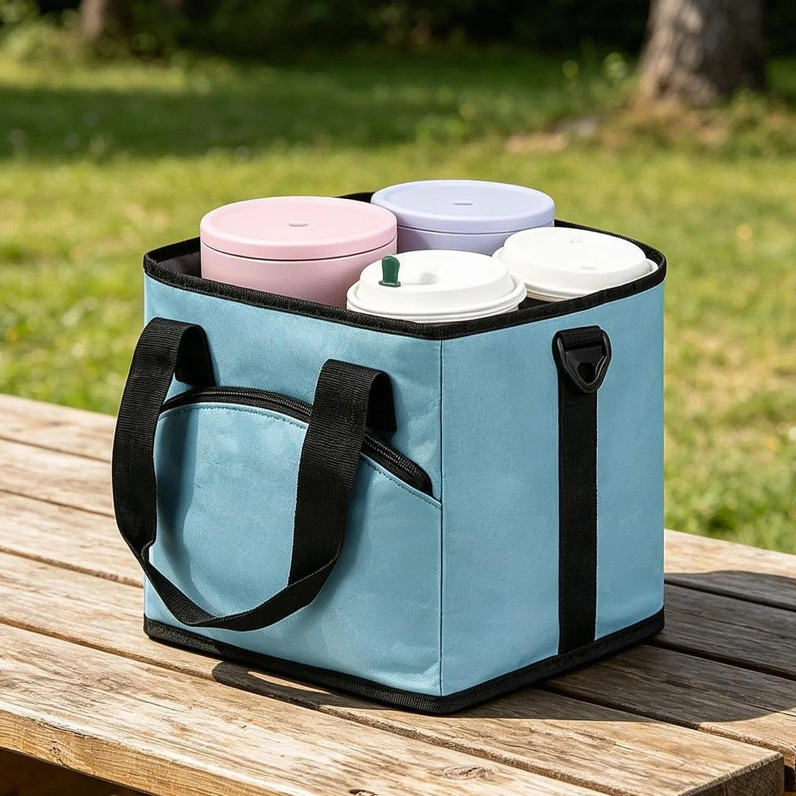 Bolsa isotérmica para Bebidas con portabotellas, separadores Ajustables y 4 Compartimentos con Bolsillo Frontal para Camping, Azul