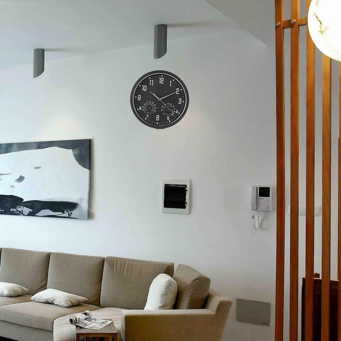 DECHOUS Reloj de Pared Moderno Termómetro y Higrómetro Diseño Retro Elegante Números Grandes y Movimiento de Cuarzo Silencioso para Salón Dormitorio y Oficina Marco Negro y Agujas