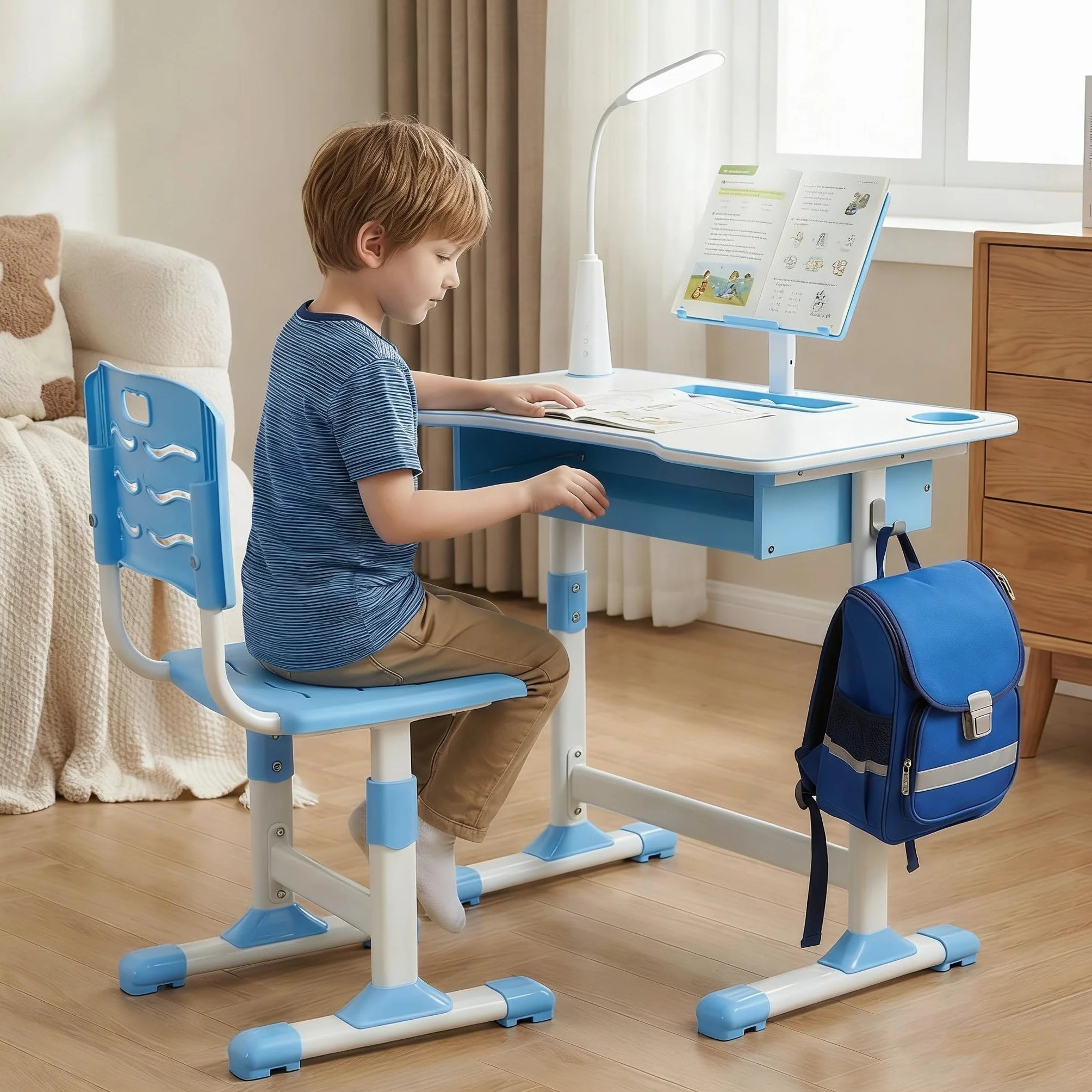 Mesa y Silla Infantil Regulables en Altura, Escritorio con Cajón, Lámpara LED, Silla Ergonómica, para Estudio desde 6 años