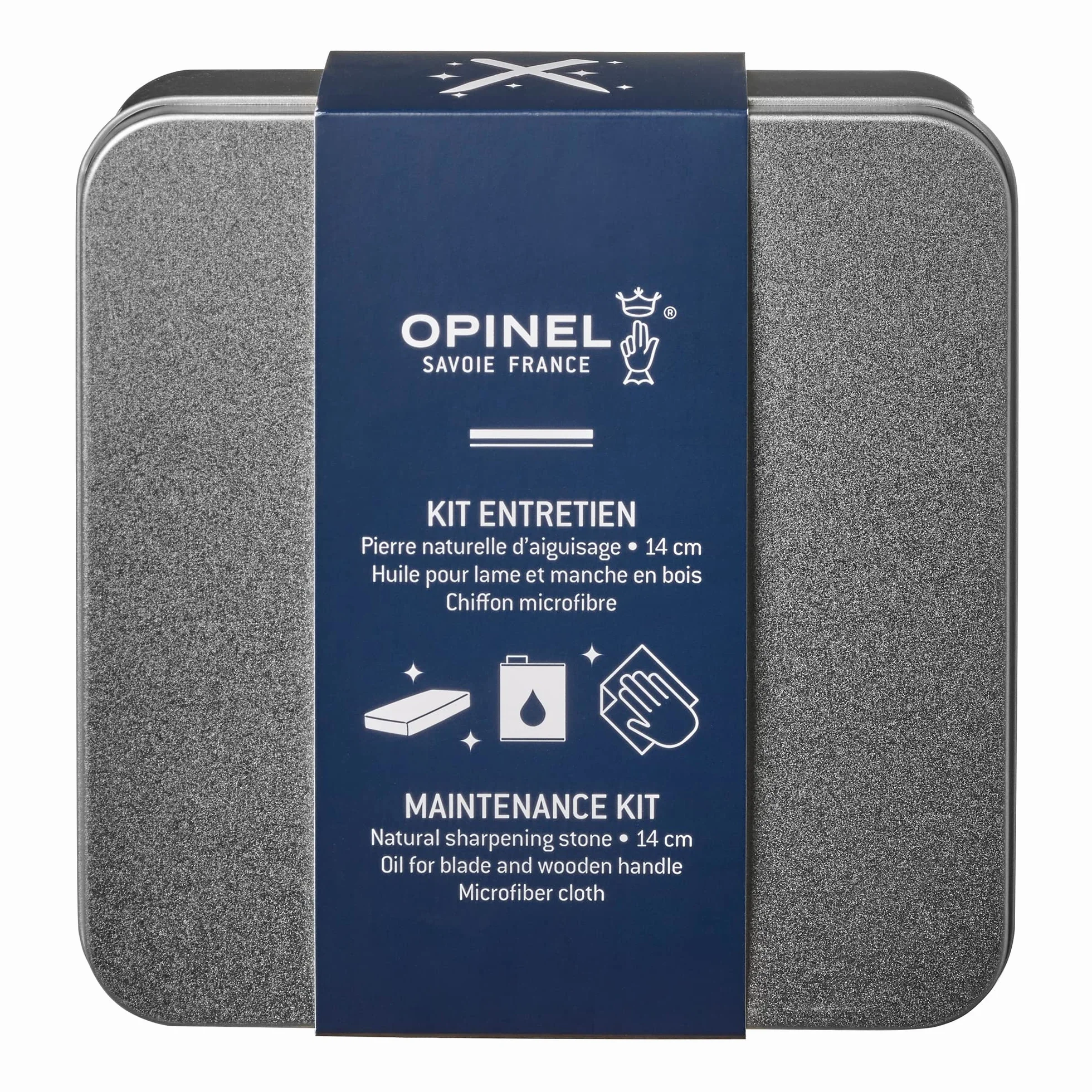 Opinel - Kit de Mantenimiento para Cuchillos - 1 Caja de Almacenamiento, 1 Piedra de Afilado Grande, 1 Botella de Aceite, 1 Paño de Microfibra de 20 x 20 cm - Garantía de por Vida