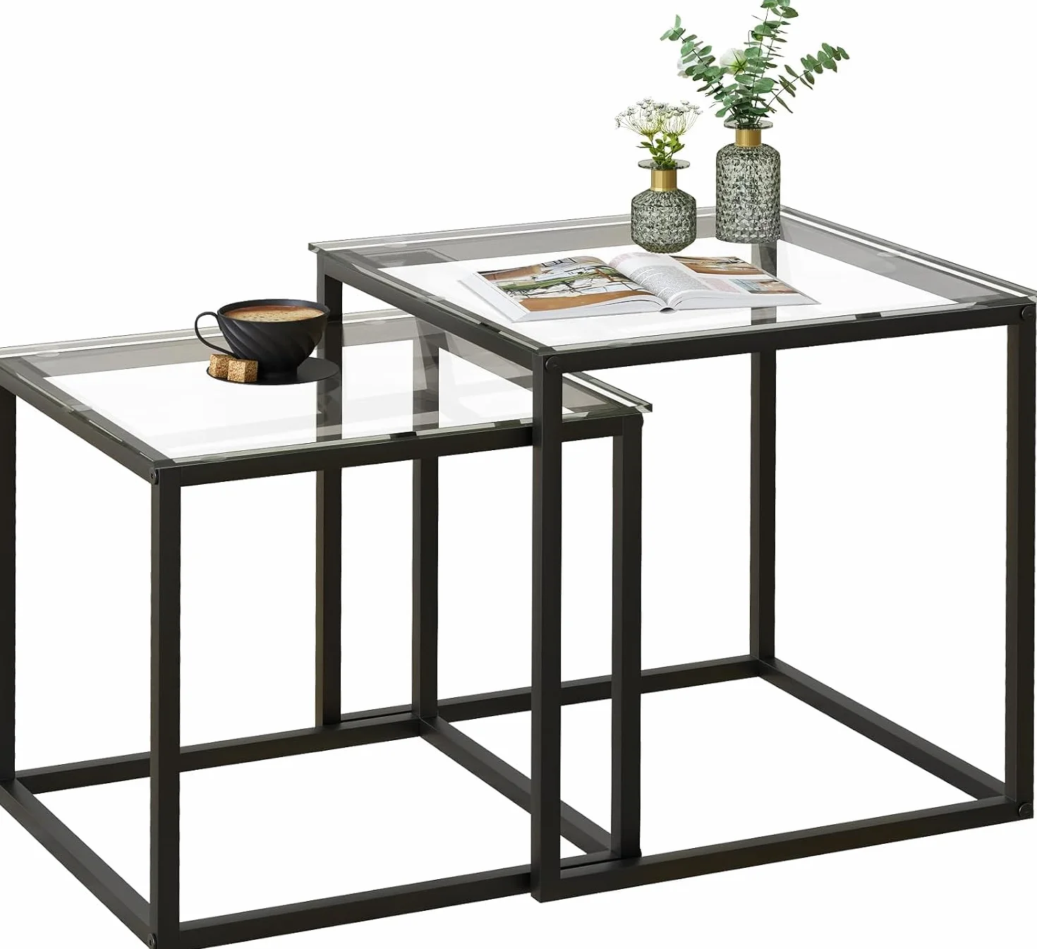 Juego de 2 mesas de centro cuadradas, salón moderno, mesa de café de cristal, auxiliar 50/45 cm, negro