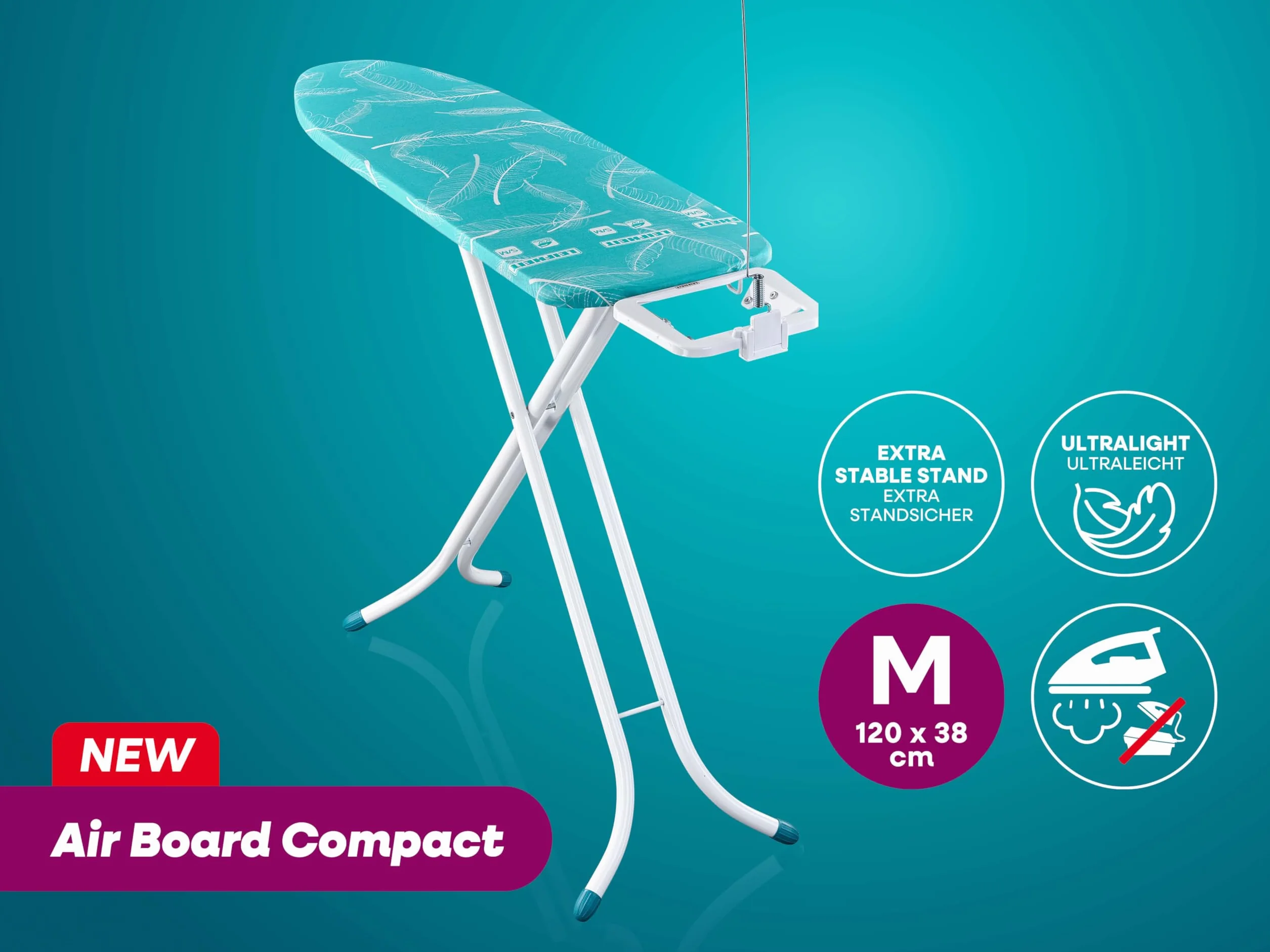 Leifheit Tabla de Planchar Air Board M Compact, Thermo-Reflect | Superficie 120 x 38 cm, altura regulable 78-98 cm, ultraligera, plegable, soporte para plancha y cable integrado