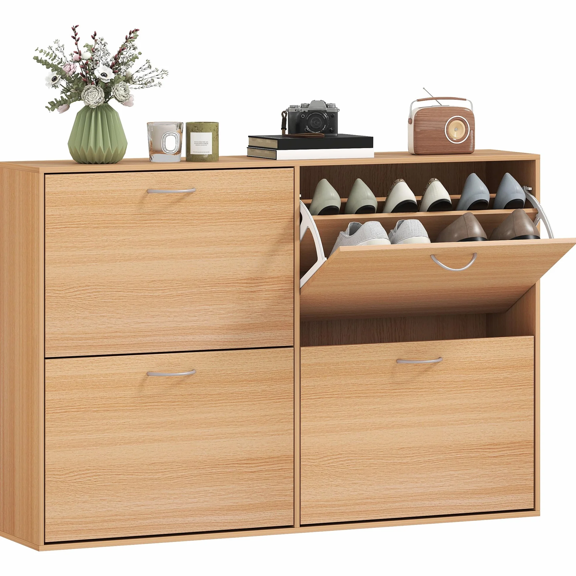 HOMCOM Zapatero Estrecho 4 Puertas, Zapatero Entrada Recibidor con Estantes Ajustables, para 16-24 Pares de Zapatos, para Pasillo, Espacios Reducidos, 120x24x81 cm, Natural