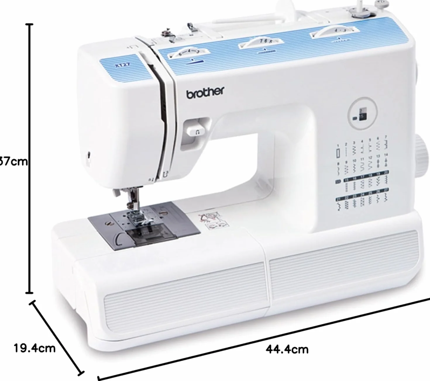 Brother XT27VP2 - Máquina de coser mecánica (25,80 x 37,50 x 48 cm), color blanco y azul