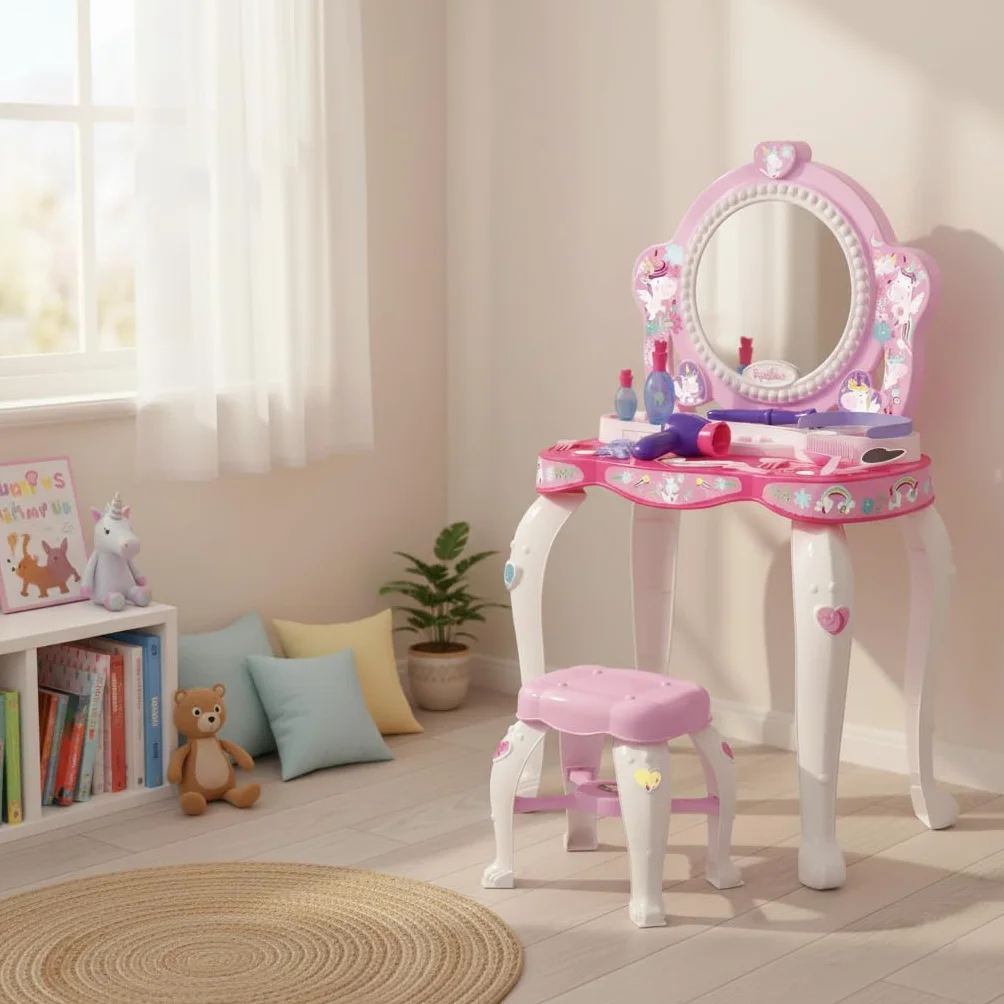 Tocador Infantil Top Star Unicornio para Niñas con Espejo, Taburete y 12 Accesorios