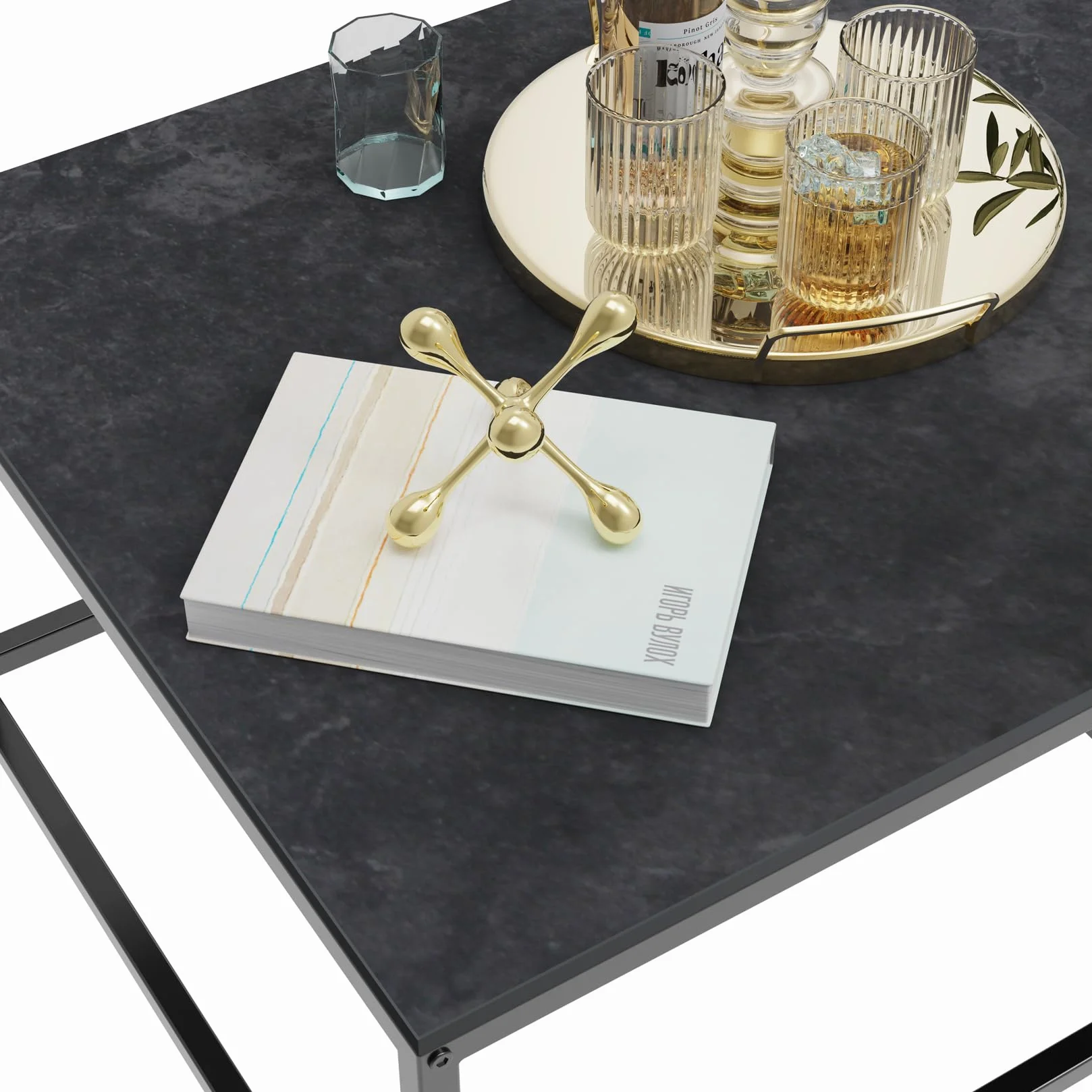 FATIVO Mesa Nido de Centro de Mármol: Mesa de Café Cuadrada Nórdica de Piedra Sinterizada y Metal para Salón Sofá Hogar Oficina, Antracita